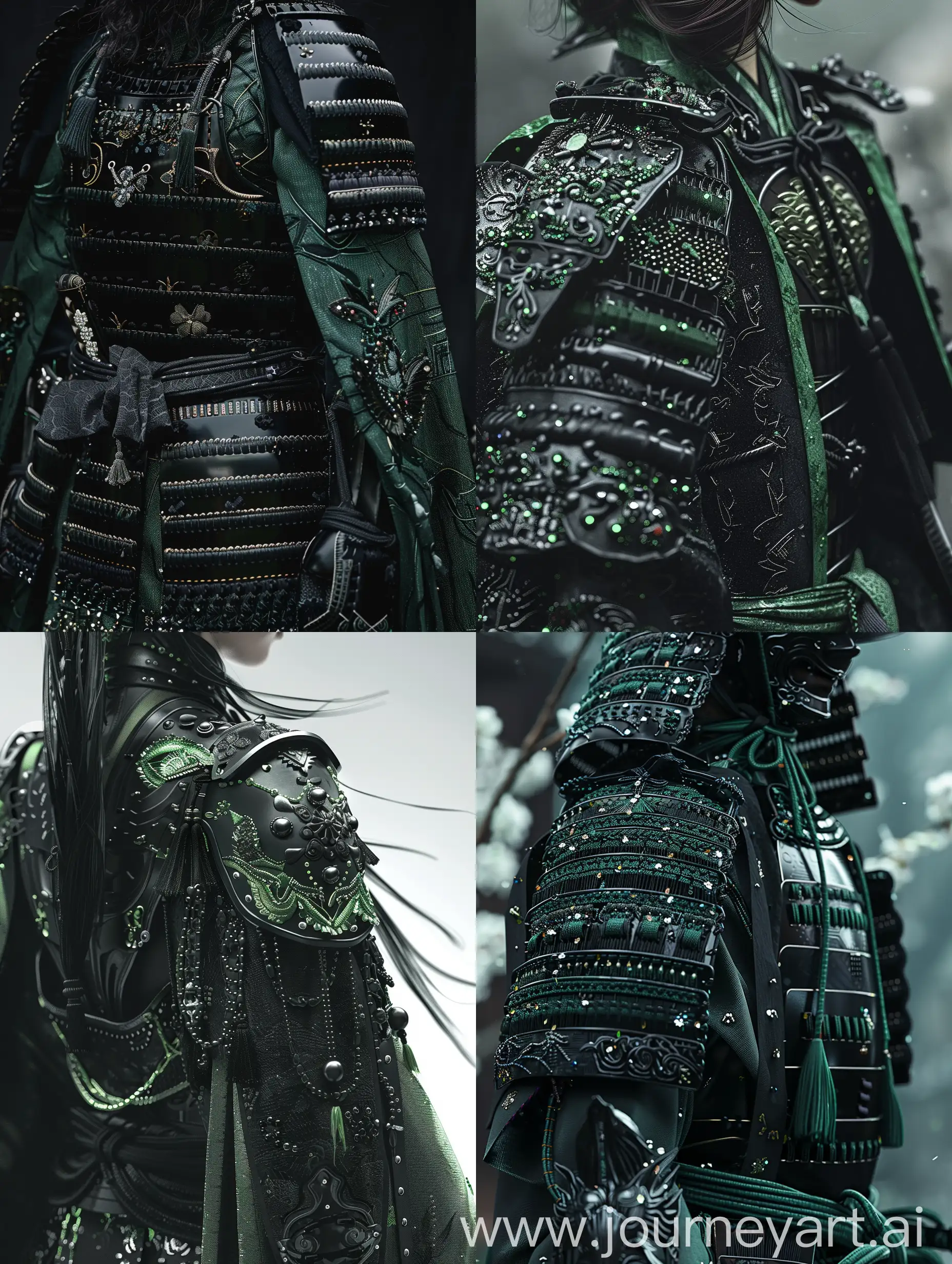 Details: Detailed embellishments on the black and green ō-yoroi armor's textile catch and reflect light, adding depth to the visual story. Every detail, from the smallest to the overall character's silhouette, is carefully shown, creating a visually and emotionally appealing image.