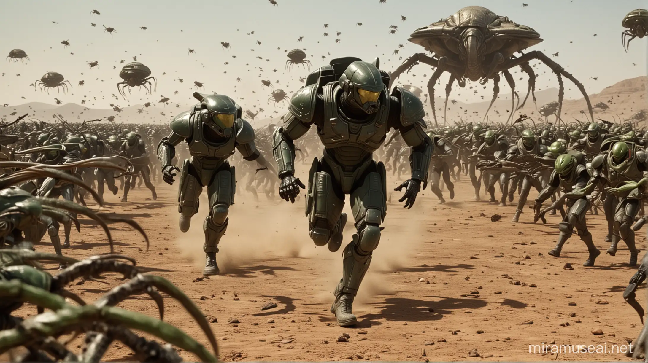 Starship Troopers, Soldier running from green alien bugs