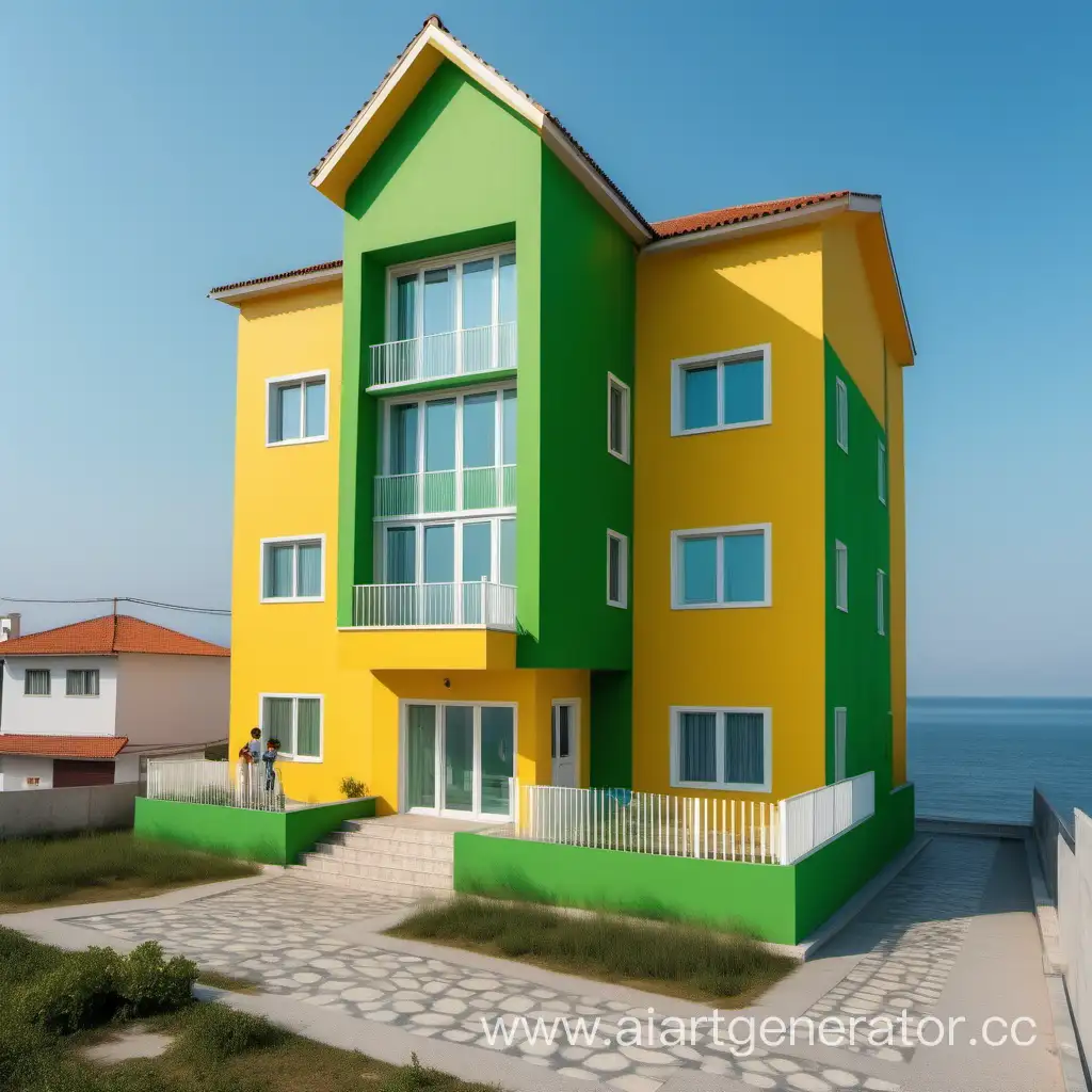 Трёхэтажный дом в 100 метрах от берега моря. Цвет стен дома, как у зелёной травы с небольшими узорами жёлтого цвета. Окна на каждом этаже. Входная дверь расположена со стороны моря. Рядом с домом гуляют семейные пары с детьми - все радостные и весёлые.