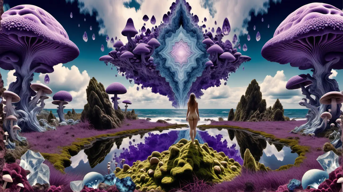 Psychedelic landscape, crystalline purplish-indigo mineral clouds, kaleidoscope sky, with nude woman ascending up into the sky, Moss, minerals, mushrooms, and sea water flowing on the ground