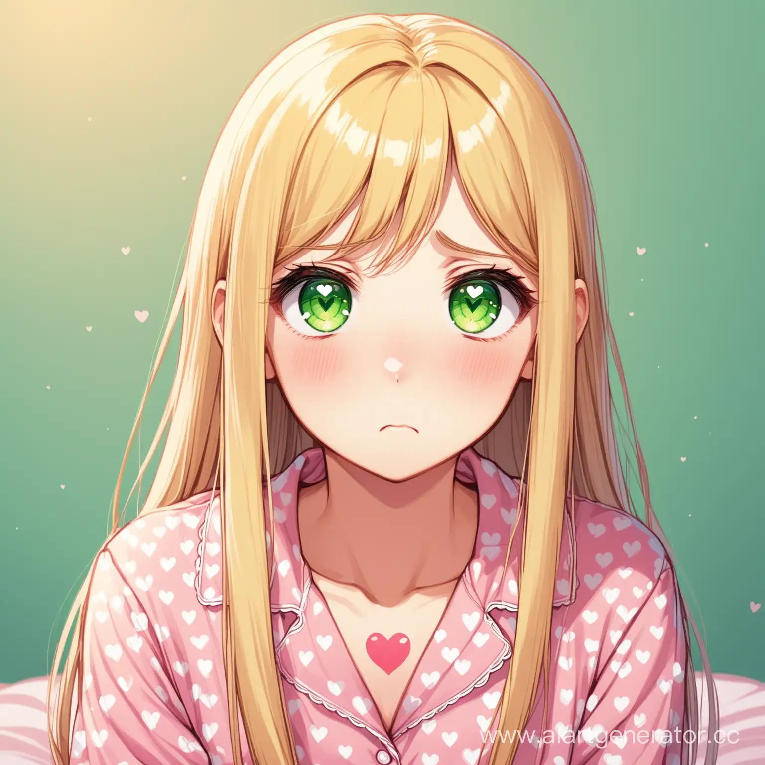 A girl, long straight blonde hair and big green eyes, she is dressed in closed pajamas with a heart pattern, She looks desperate and sad.