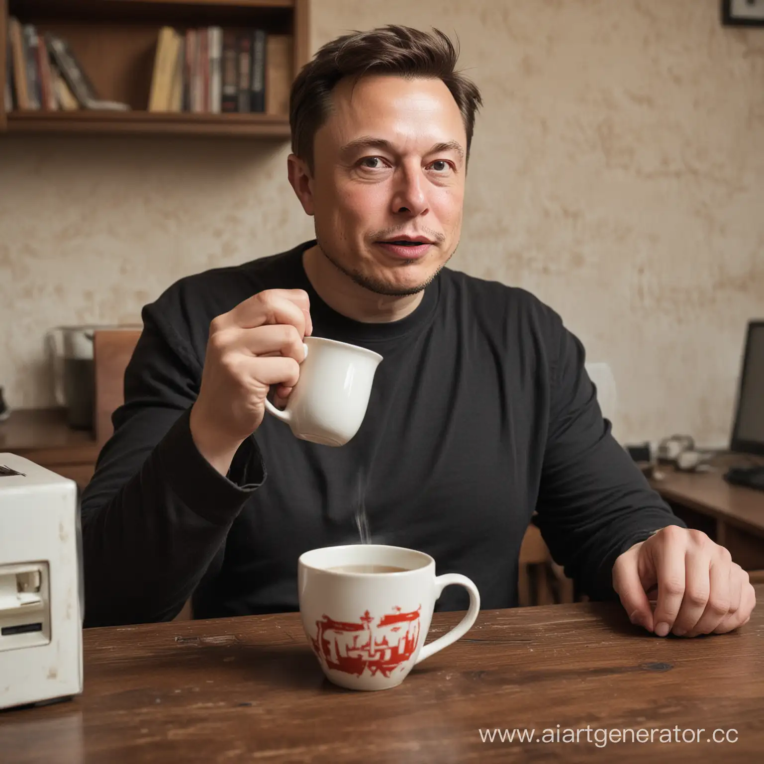 Илон Маск в советской квартире за компьютером пьёт чай из керамической кружки удивленное лицо