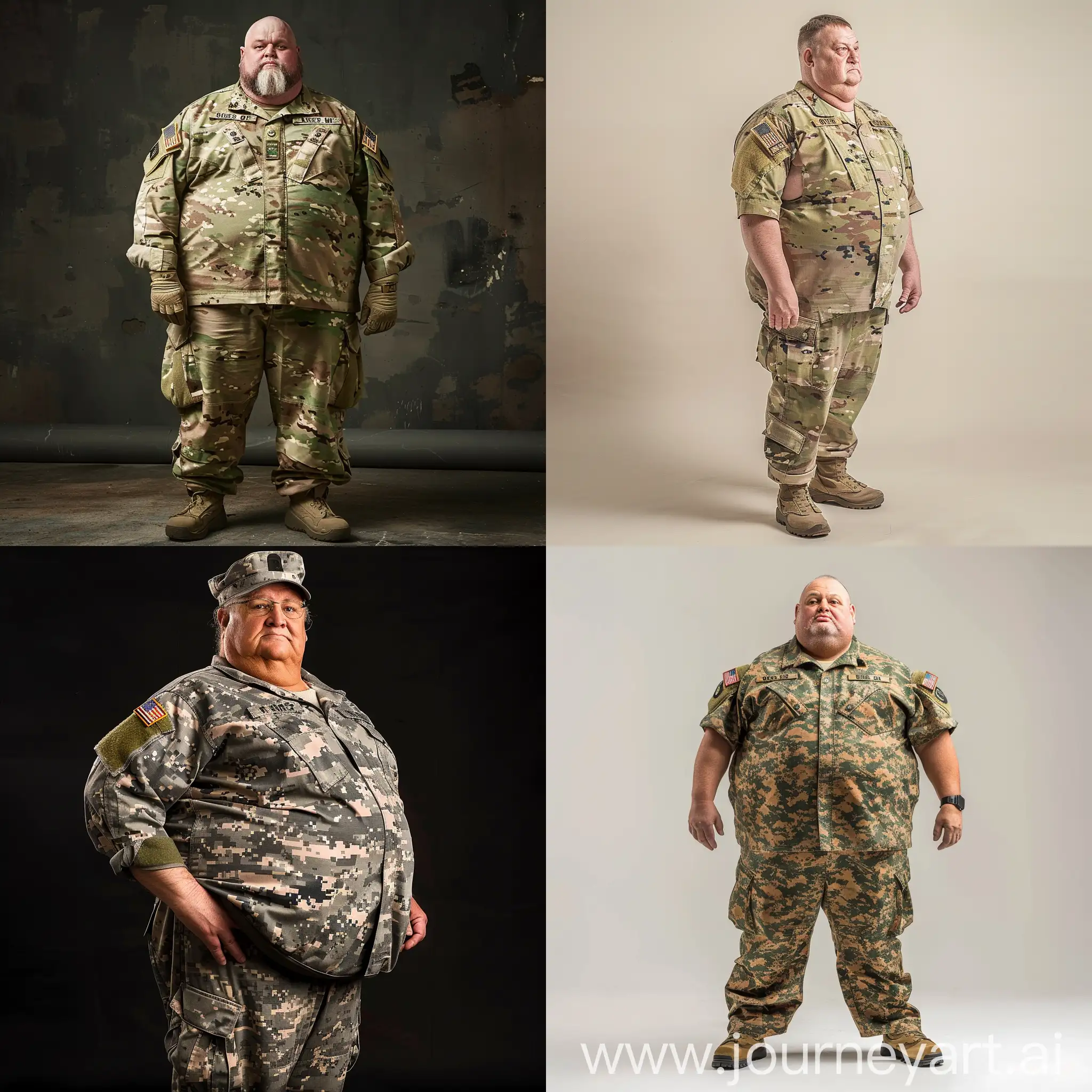 Full body photo of a fat man aged 60 wearing a complete us army combat uniform -- ar 16:9