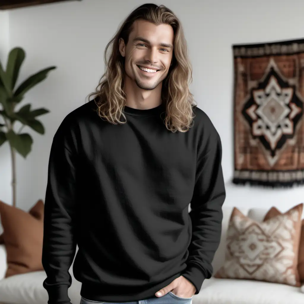 a photorealistic photo mockup of a gently smiling long haired male model wearing a blank black
over-sized Gildan 18000 sweatshirt with a tight collar, in front of an indoor white themed
boho style home living Room scene. professional photography composition, f9.0. --ar 5:4 -
-s 750 --style raw 