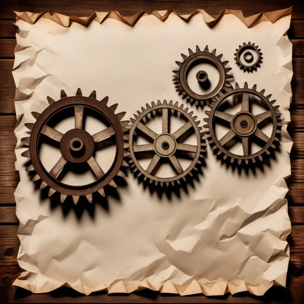 crumpled paper with vintage cogs in the bottom left corner and upper right corner. transparent background of vintage letters
