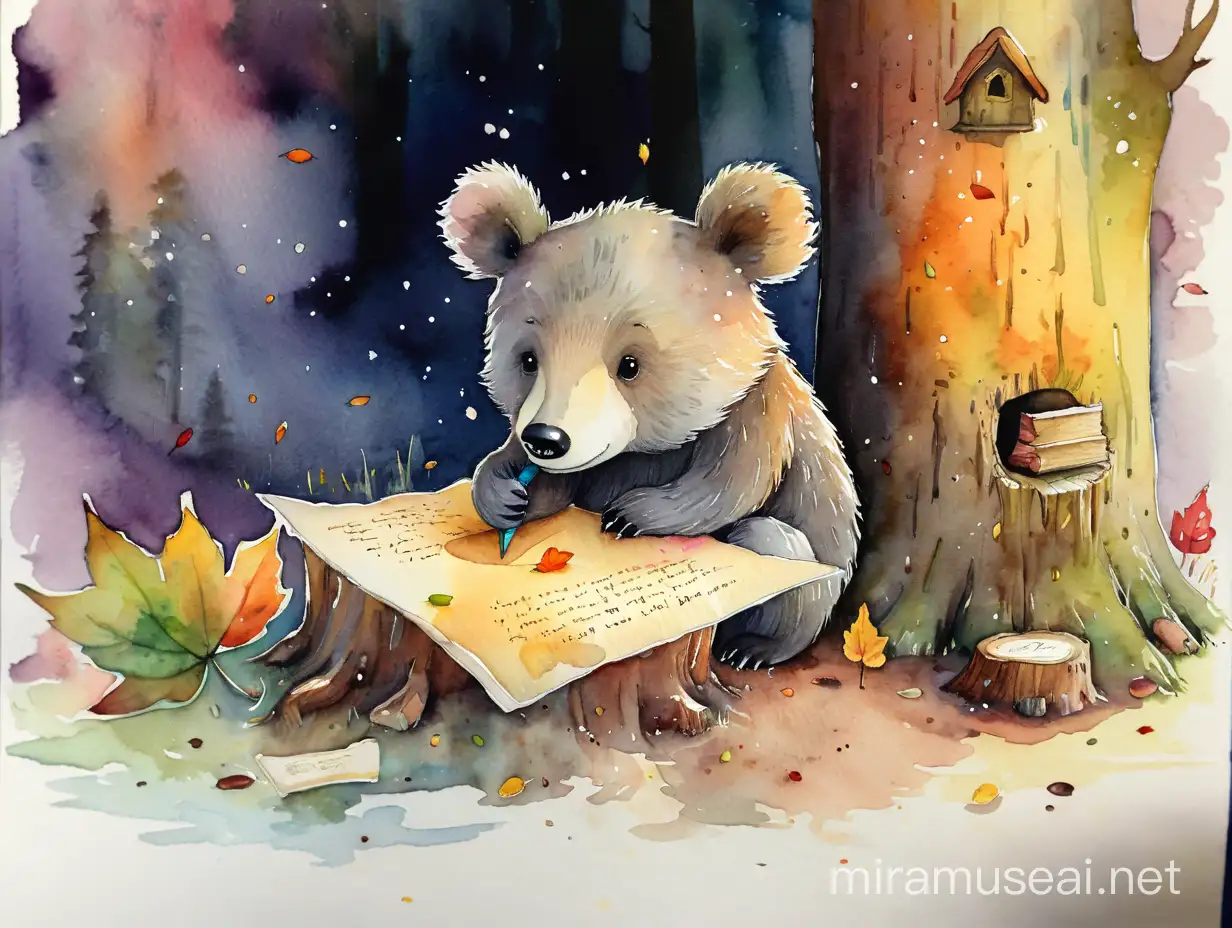 осень, лес, медвежонок на пеньке пишет письмо, watercolour style by Alexander Jansson
