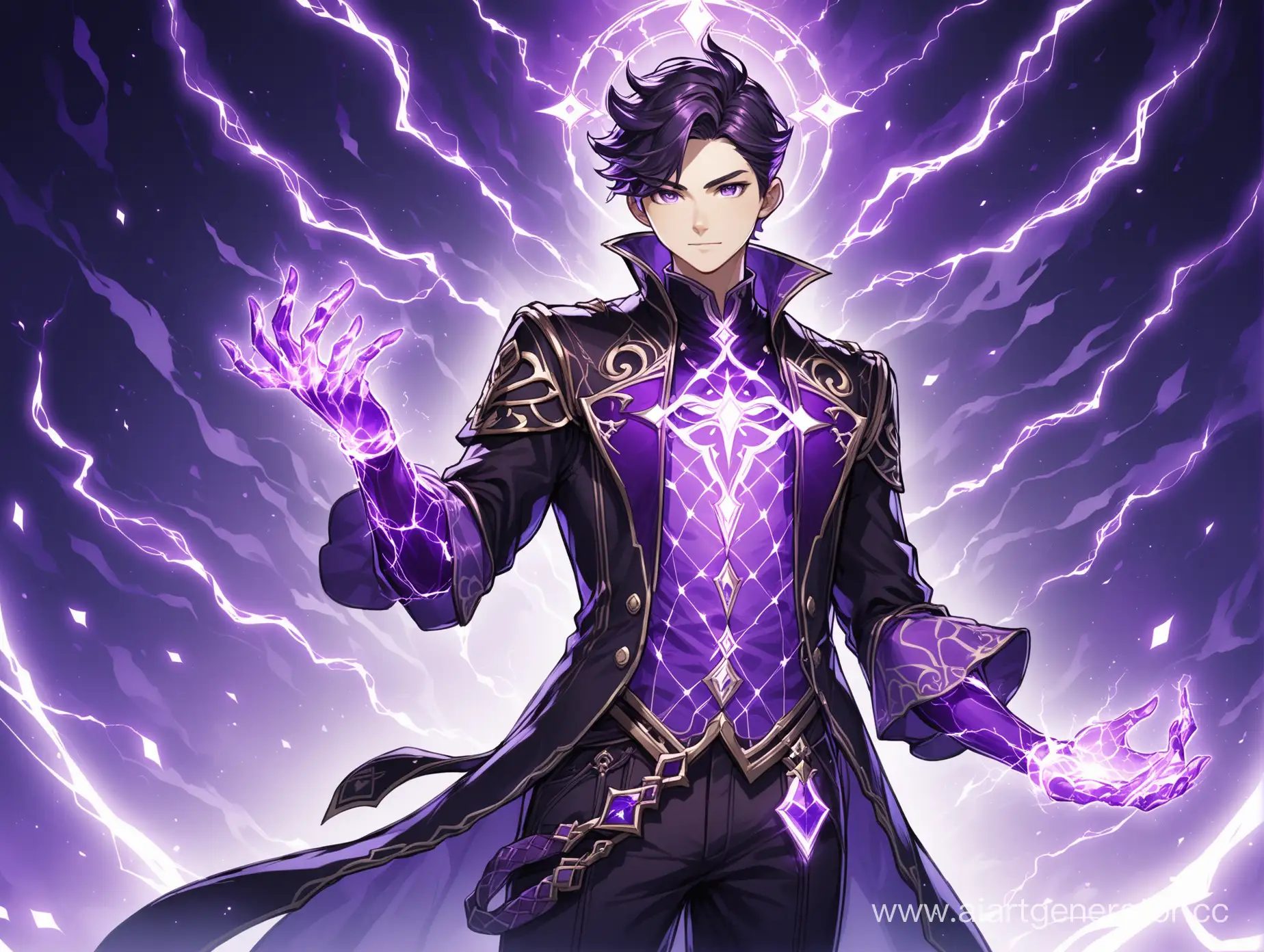 create a character in genshin impact style A tall young man, a magician who owns electricity 
Clothes in black tones and translucent purple tones, a lot of exposed skin
Church paraphernalia, Several translucent hands made of electricity behind his back and a purple halo of electricity above his head