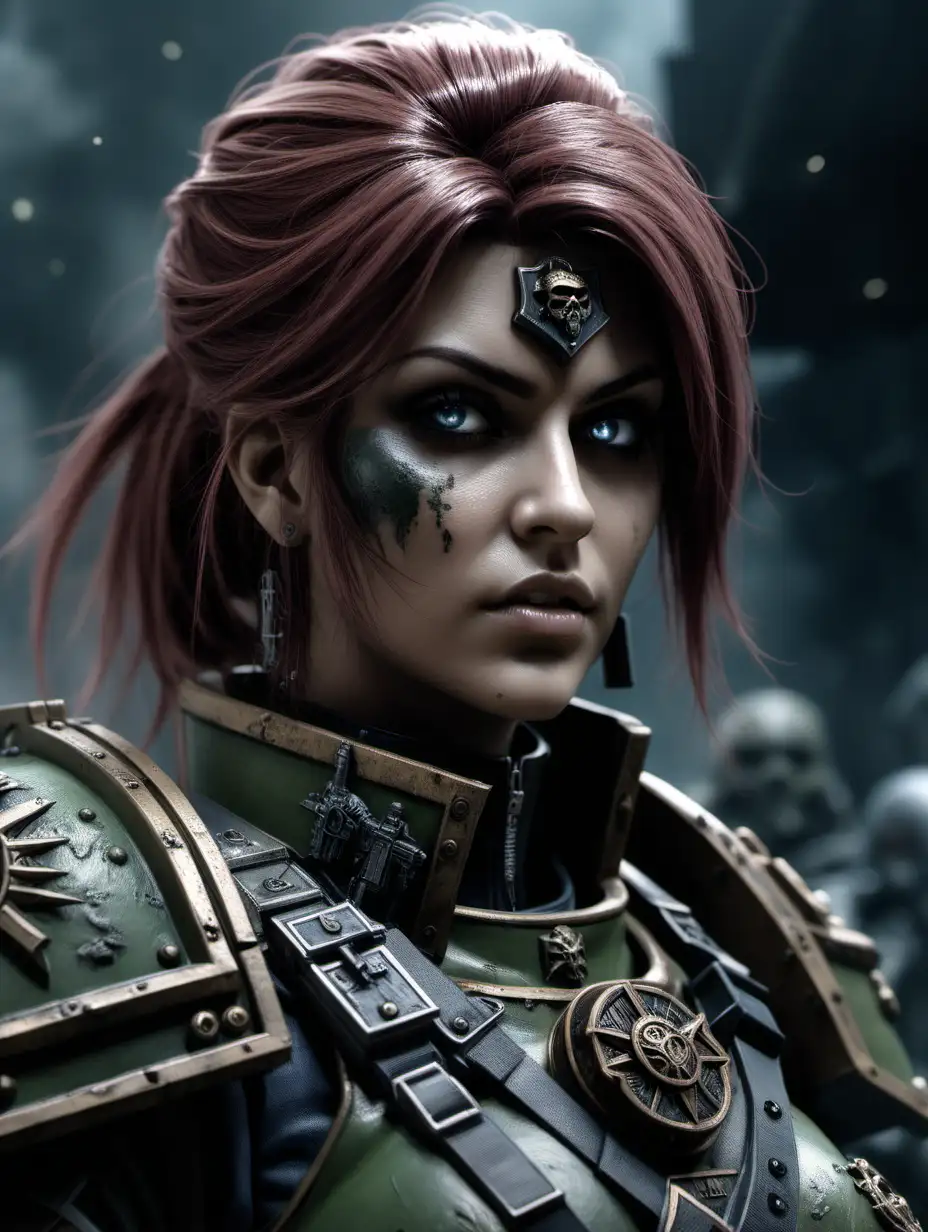 (cinematic lighting) Mira is a character in Warhammer 40000 she is a 2nd Lieutenant Mira is one of the few surviving members of the 203rd Cadian Regiment on the Forge World Graia. She is forced to take command of the forces on the ground after her commanders were killed, Warhammer world at the background, intricate details, detailed face, detailed eyes, hyper realistic photography,