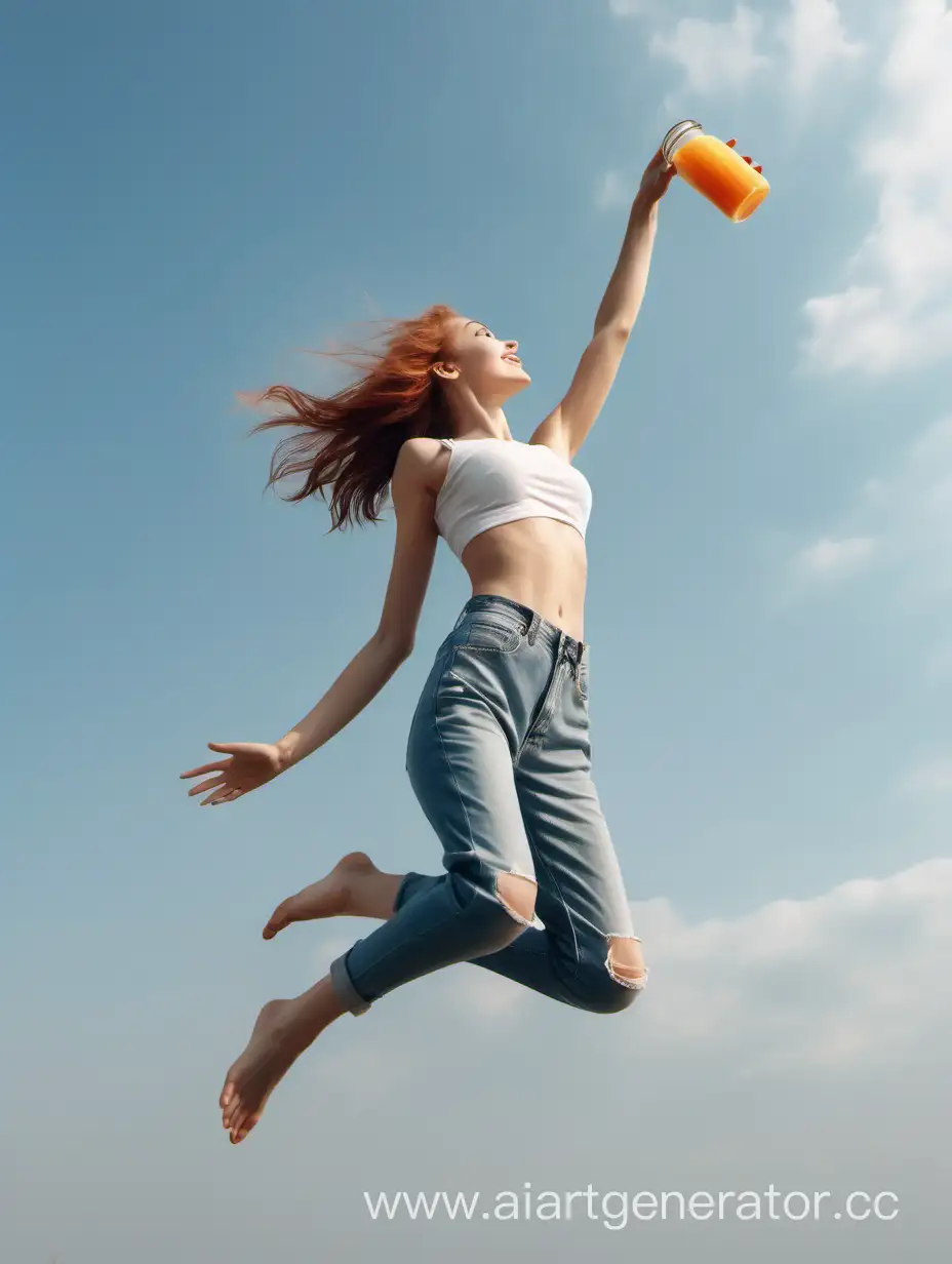 Очень красивая девушка прыгает в небо и держит в руках банку с соком 