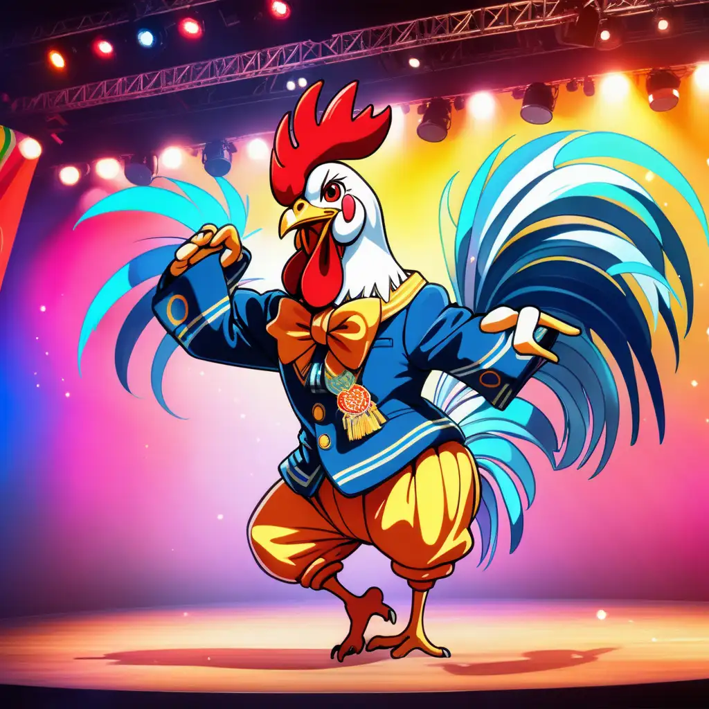 fun colorful anime  rooster dancing on stage