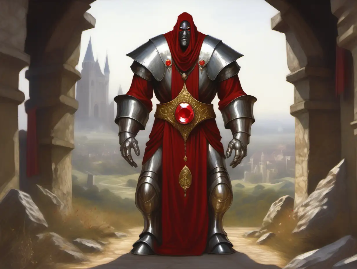 very tall very large metal faceless golem, broad shoulders, shiny silver metal plates, one single big round red gem in the middle of the face, red breechcloth, minor golden decorations, Medieval fantasy painting, MtG art