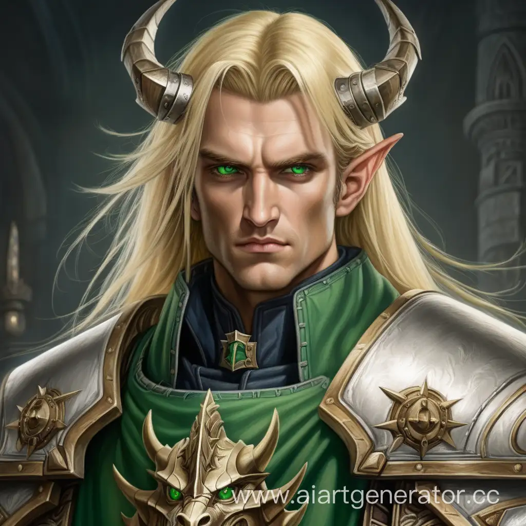 Warhammer-40000-King-Arthur-Fantasy-Portrait-with-Blonde-Hair-Green-Eyes-and-Dragonthemed-Clothing