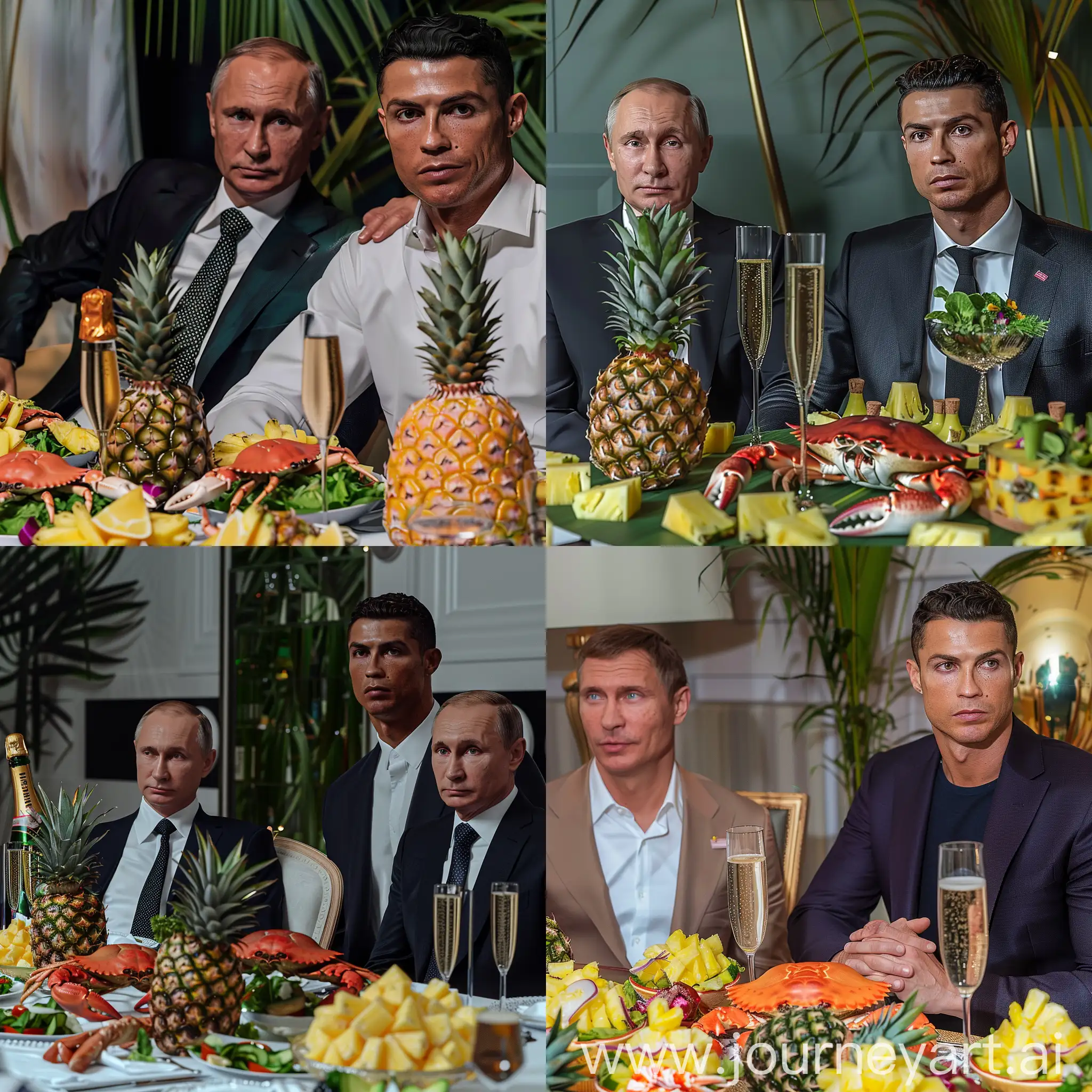 Президент России сидит рядом с Кристиано Роналду, накрытый стол на нем ананас, шампанское, краб, салаты, крупный план, реалистично, 8к, профессиональное освещение, HDR