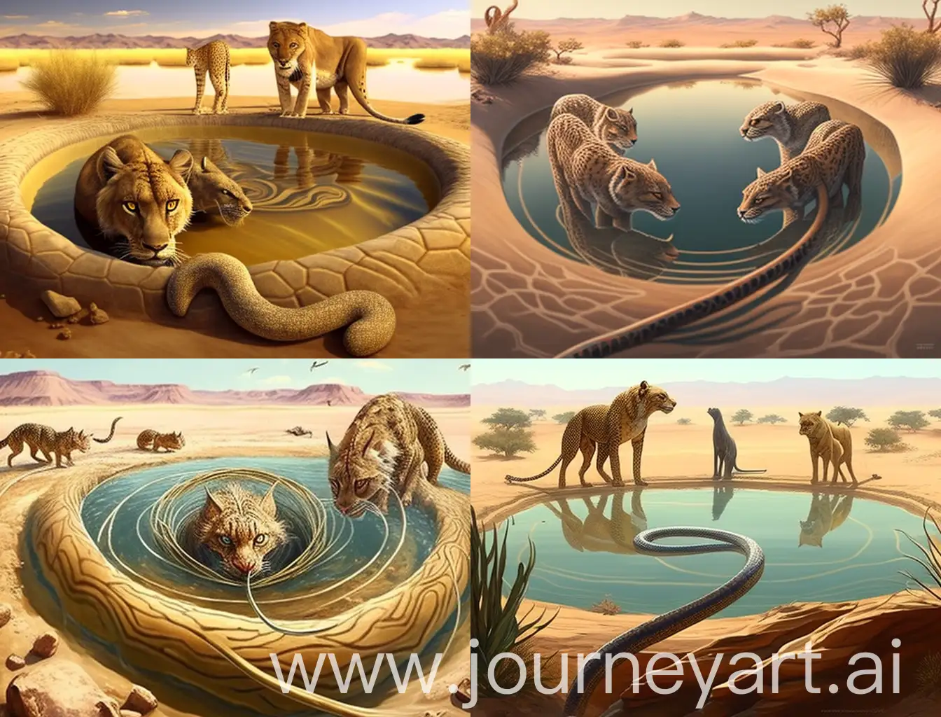 "Snake, lion, jackal set off for water in desert. Encourage each other, find small pool. Describe their journey and teamwork."