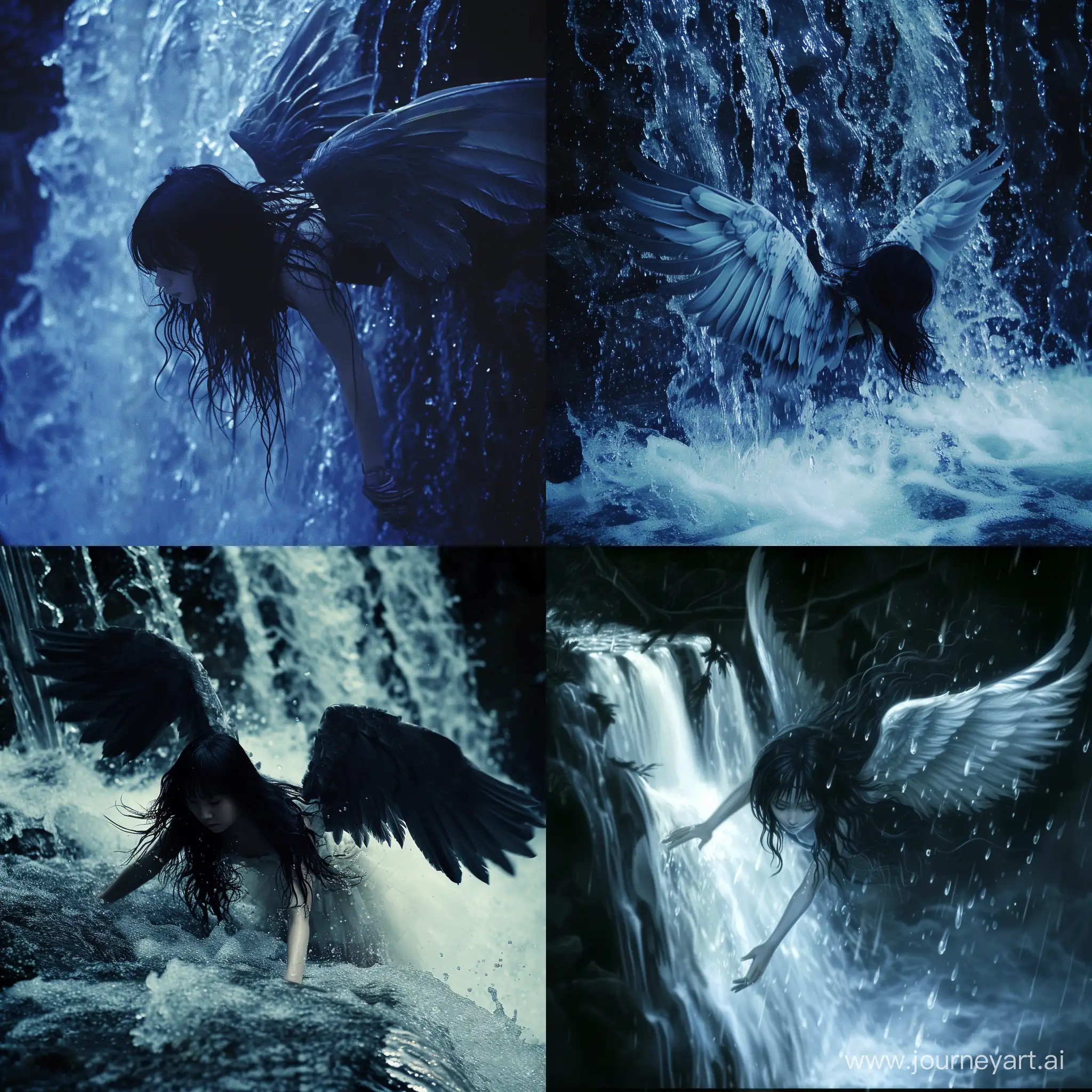 Ночь. Водопад. Девушка с чёрными волосами падает с водопада. У девушки крылья. 