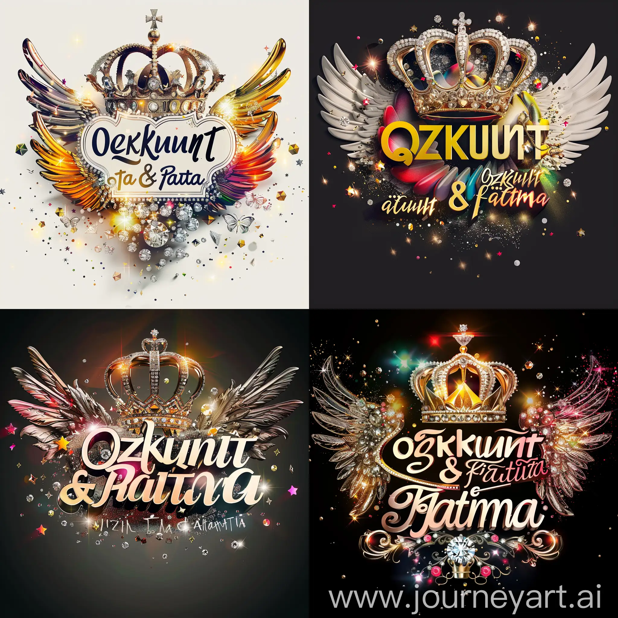 Elegant 3D typography with the name. " Ozkunt & Fatma " with an elegant crown and fine diamonds with sparkles of bright colors and angel wings, photo, typography, vibrantv0.1, graffiti, illustration, photo, product, fashion, poster