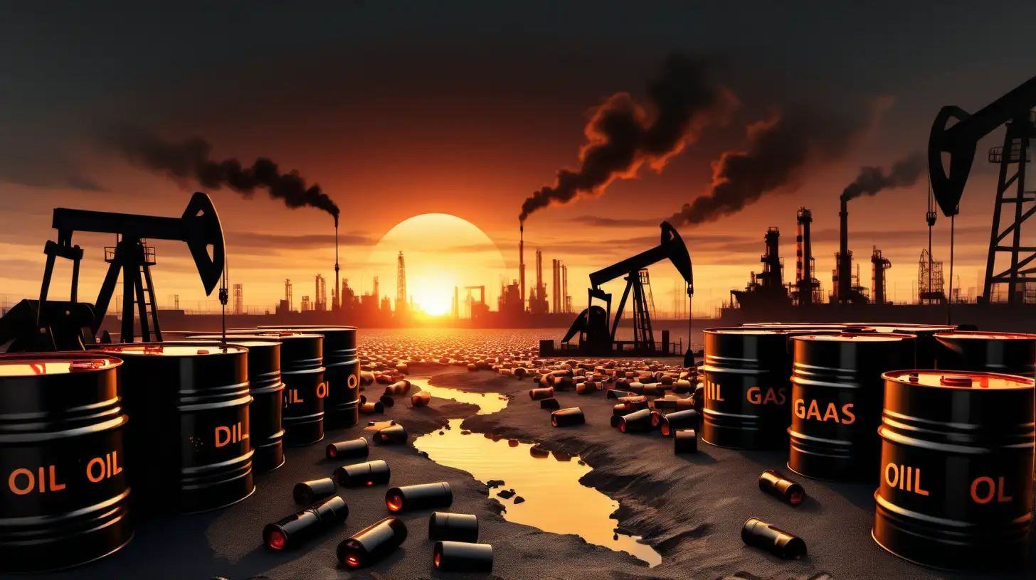depict a thumbnail showing major oil and gas crisis, empty oil barrels, in a sunset, oil factories , and last drop of oil