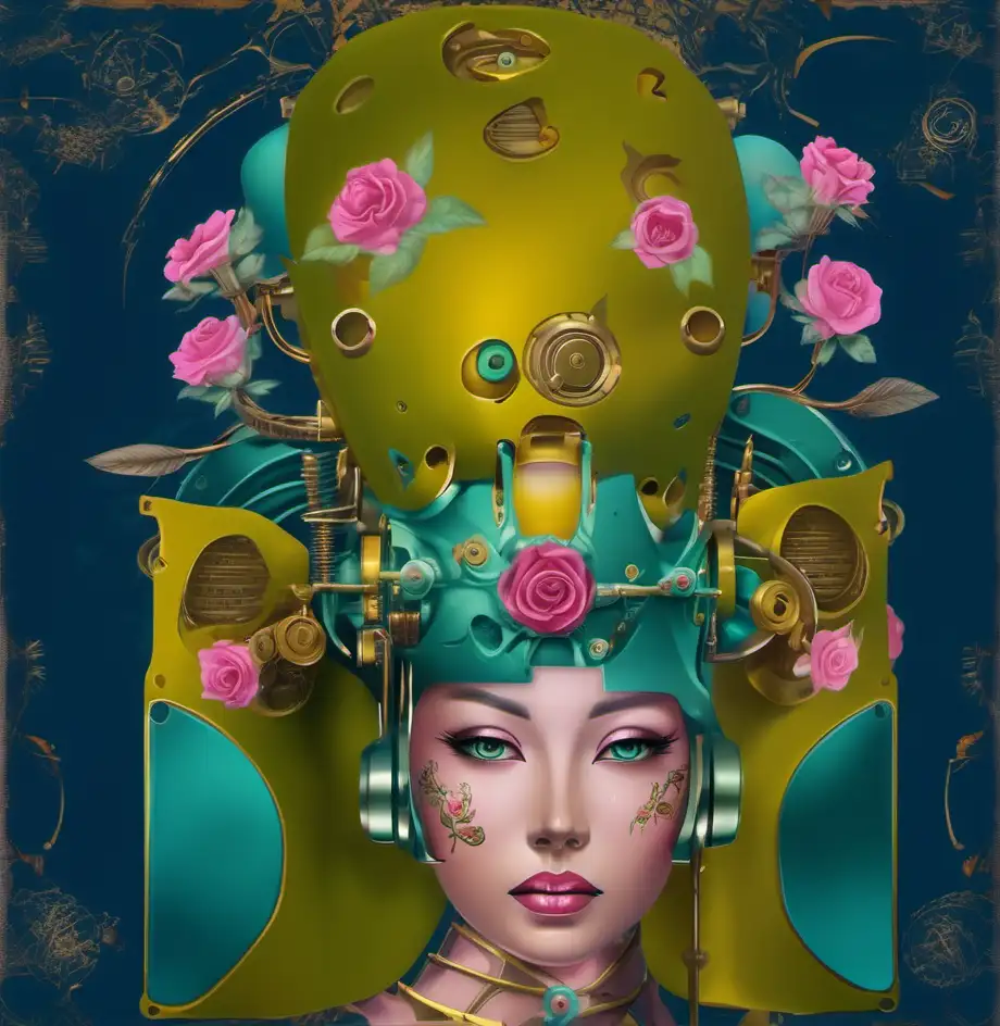 Mechanical woman face,  mechanical headdress with pink roses, chinoiserie fantasy dream, 