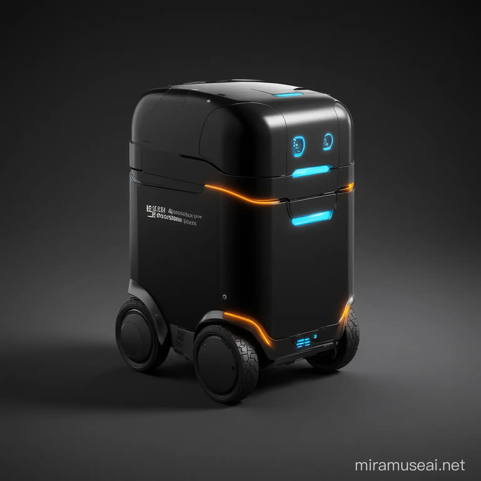 generate me a design with a black background for an autonomous parcel delivery machine/robot that assists a delivery driver by making deliveries whilst on a run

