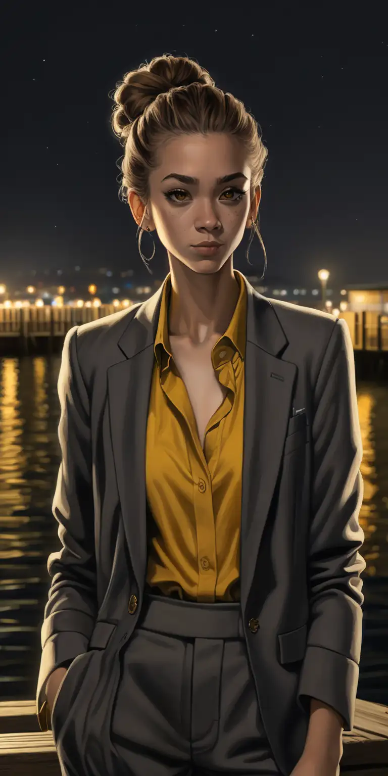 Young Woman in Elegant Black and Yellow Suit with Cigar on WellLit Dock at Night