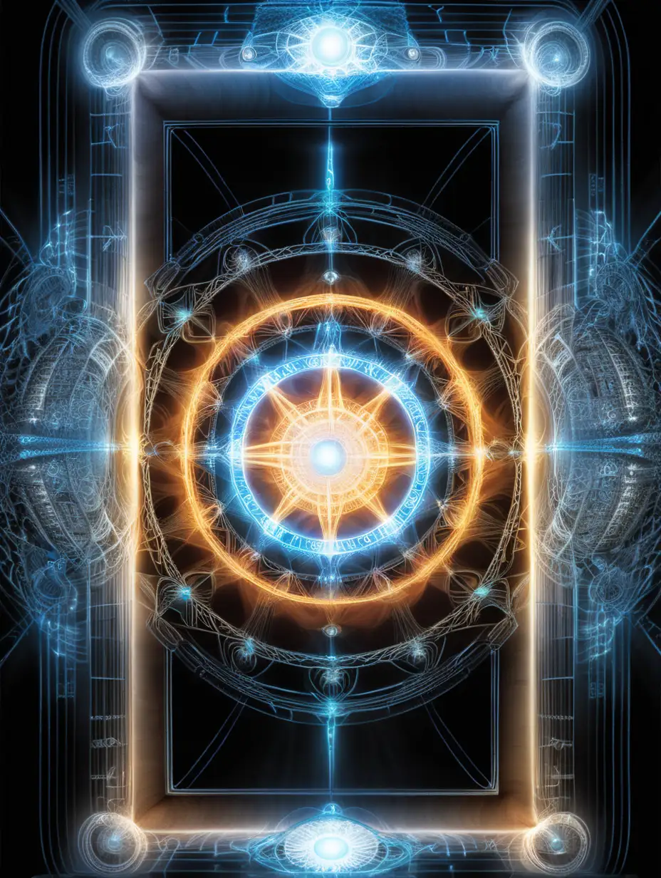You are a graphics designer and you need to design a book cover art for the topic of Quantum Portals; The portal can be represented by a high-tech door or beam of light, use your imagination. the finished image is to be 8.5X11 his res