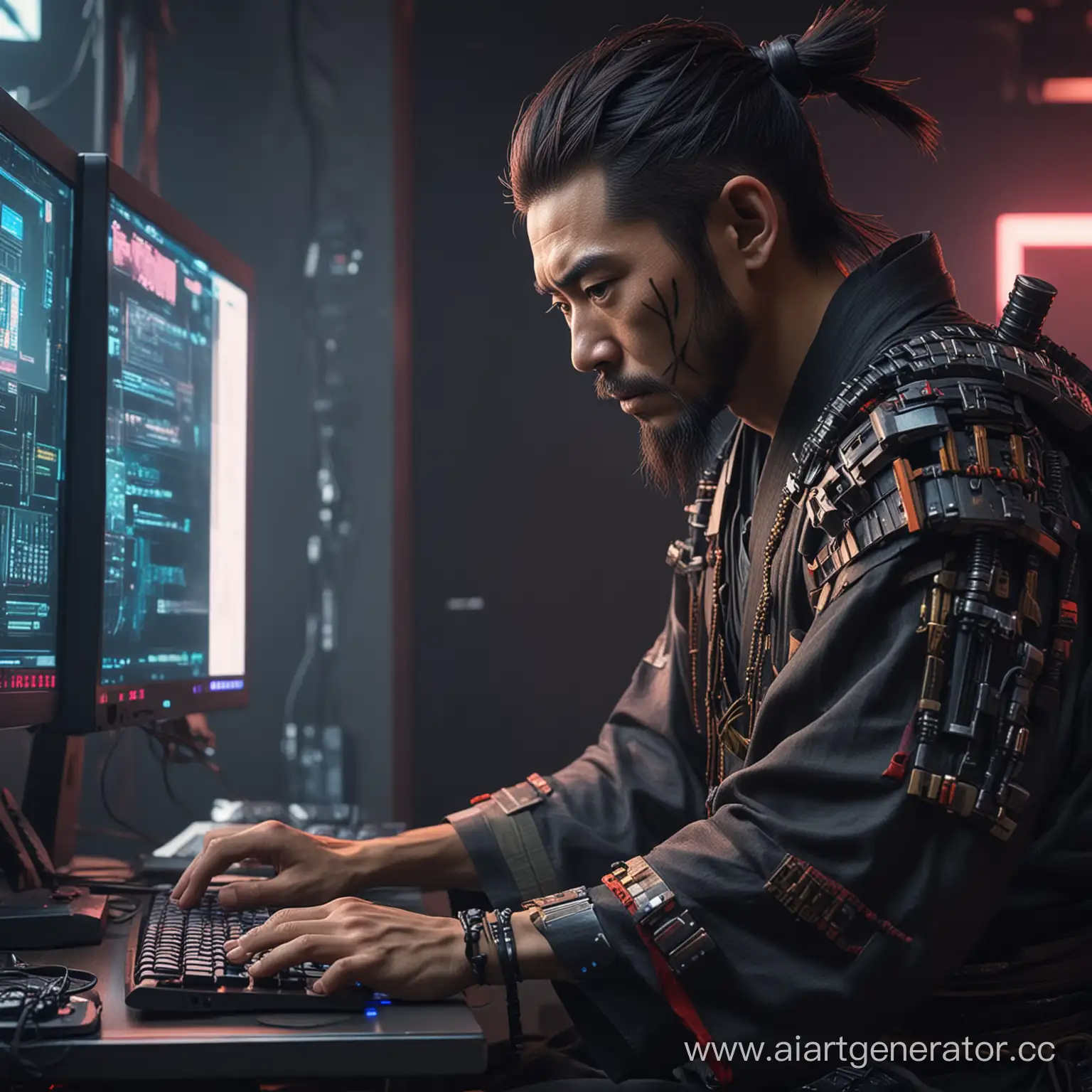 японский самурай сидит за компьютером и играет в киберпанк
