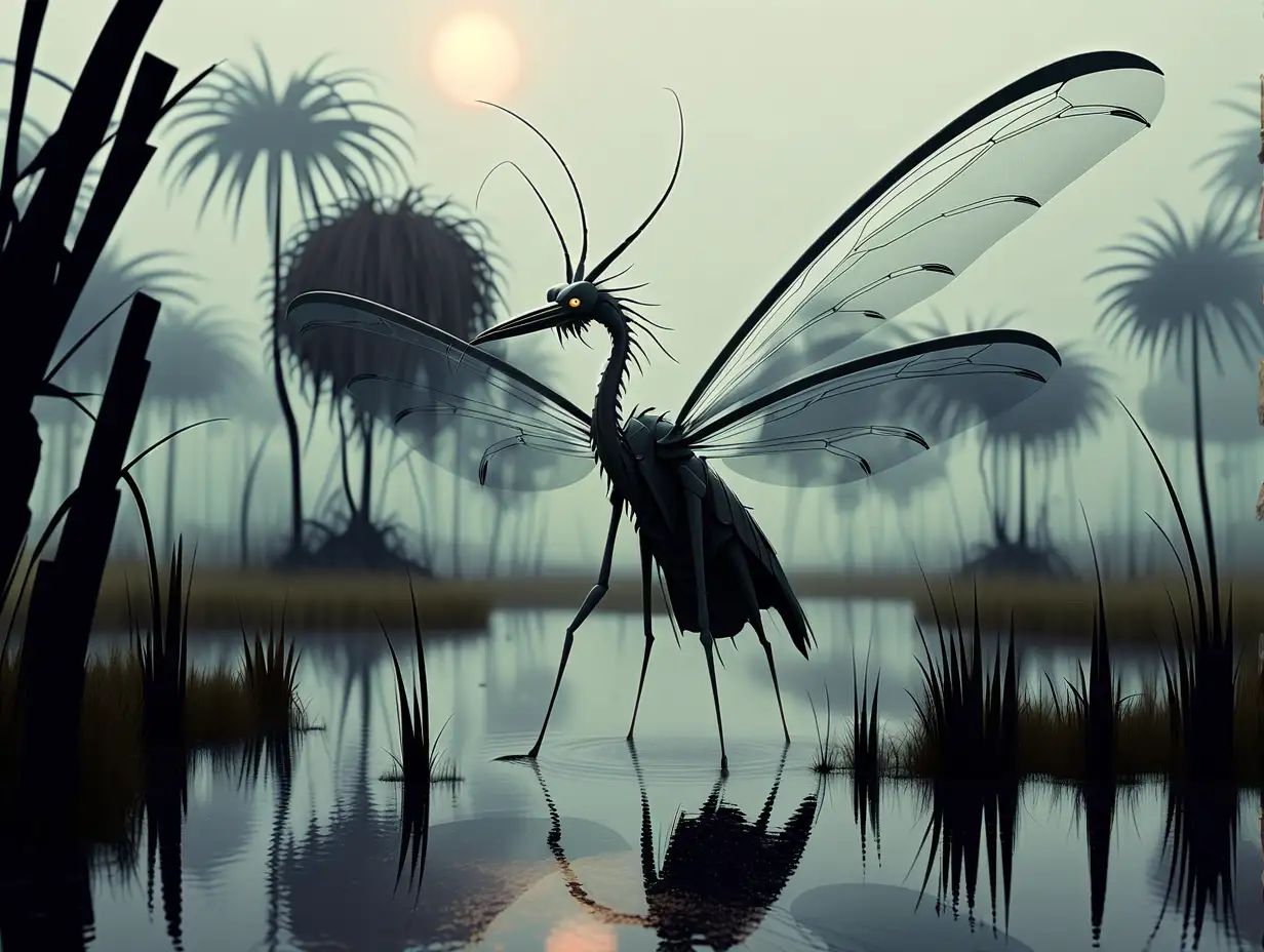 swamp. giant mosquitoes, silhouette of a heron monster on the horizon , raw in real style —v 6, high detail, science fiction, proportional, hyperrealistic, UHD, —v 6 realistic photos photorealistic scene in a swamp in thick fog gloomy dangerous atmosphere mosquitoes, in a Shroud, Africa, at night —ar 3:4 —stylization 250 —v