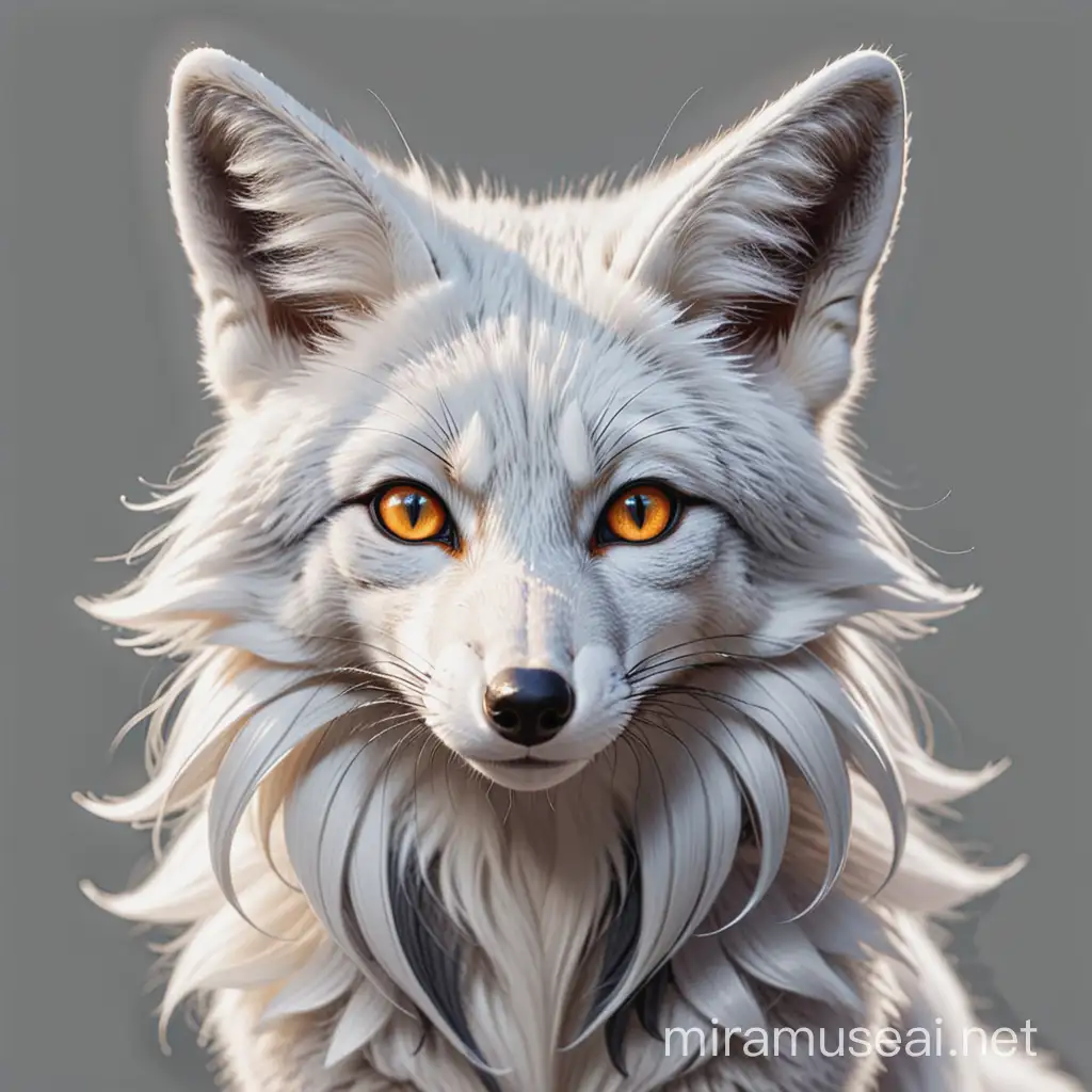 silver fox looking at you in silver gray and white colours. the fox need to have focused and piecing eyes. the illustation must be dynqamic and powerful. and teh head must be close up version. 