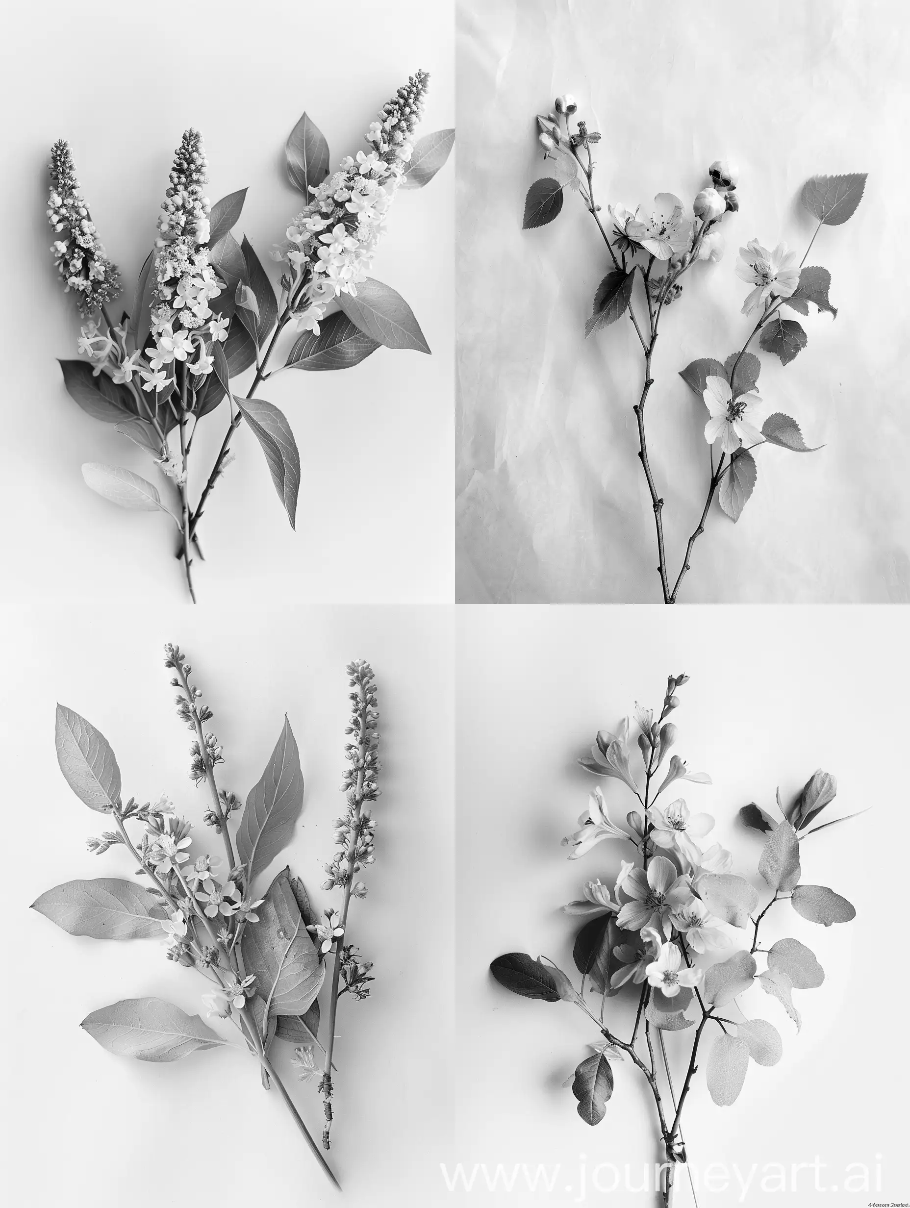 black and white photo, 3 branches of wild flowers on a white background, with leaves, bouquet, flatley,

black and white photo, highest detail, photo 4к