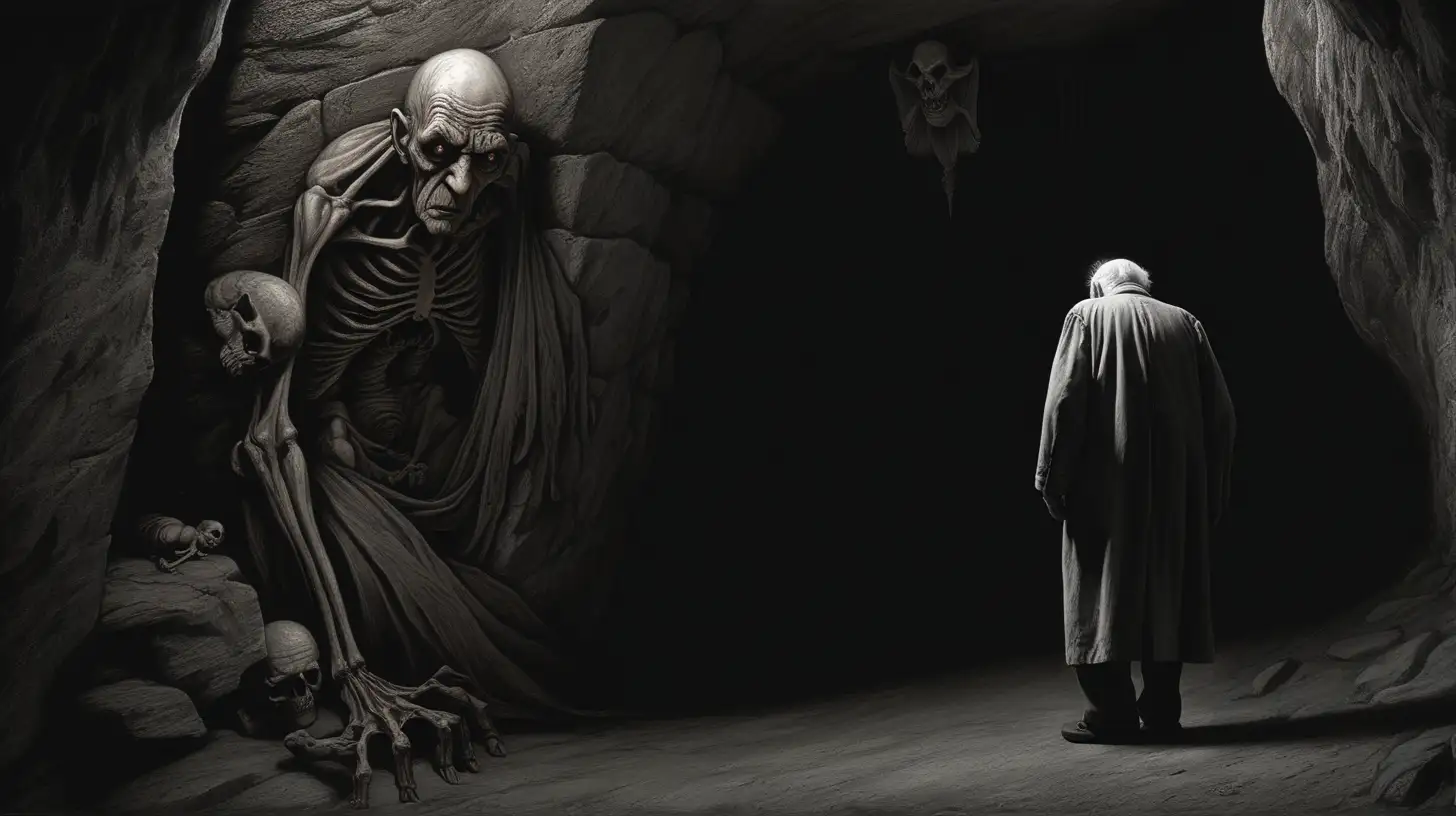 "Generate a horrifying low-angle image, depicting the nightmarish scene of a frail elderly man with pale, wrinkled skin ominously hunched over in the corner of a small, dimly lit room within a sinister cave. The ancient rock walls, adorned with macabre carvings and jagged formations, set a foreboding atmosphere. Keep the color palette muted and desaturated, focusing on eerie tones such as deep grays and shadows. Capture the horror by framing the shot from behind the frail man, his back turned away from the camera, intensifying the sense of malevolence and dread as he remains an enigmatic and menacing figure in the corner."
