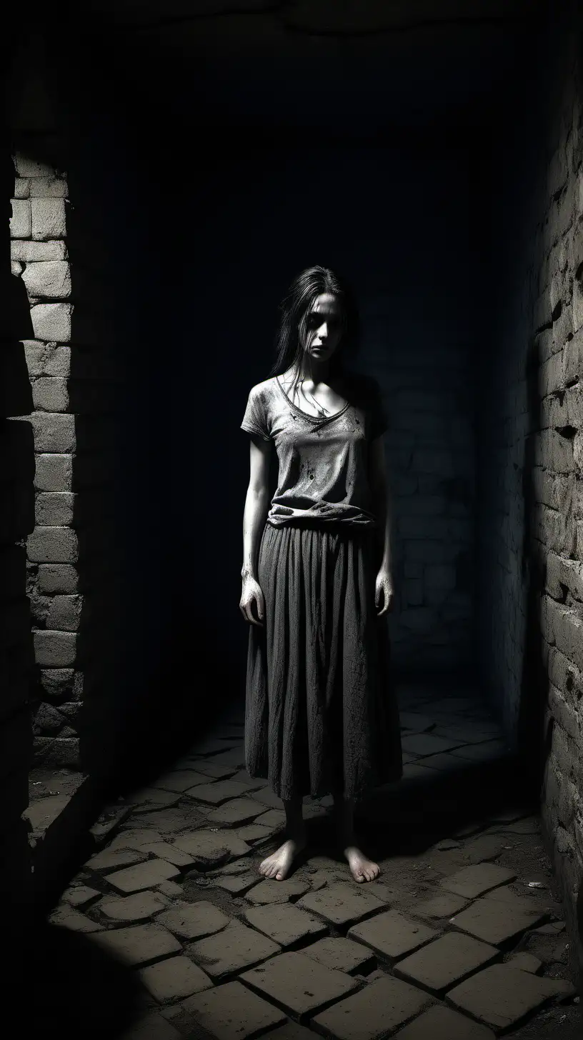 Lonely Woman in Gloomy Dungeon Portrait of Captivity and Despair