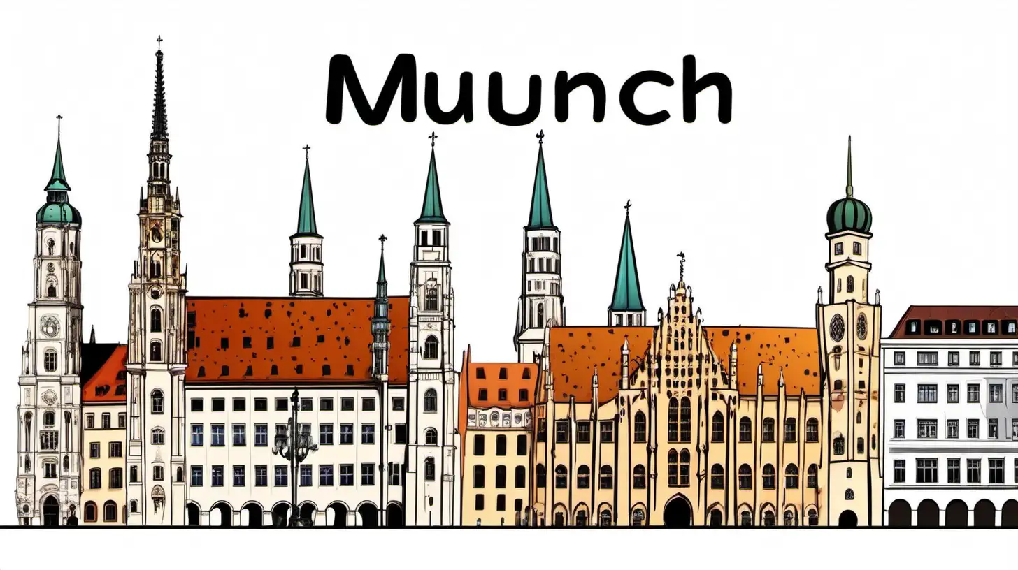Skyline von München. wheiß Hintergrund. Cartoon-Stil