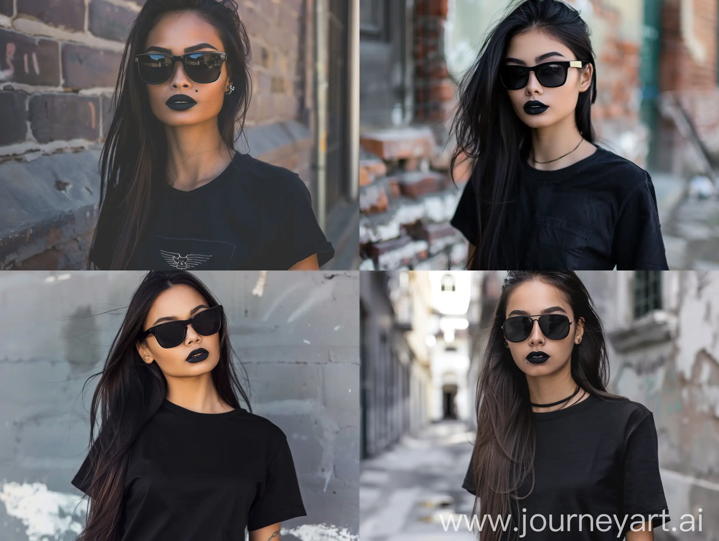 Very pretty blasian female model, with long hair, sunglasses, street style, black lipstick, black t-shirt,