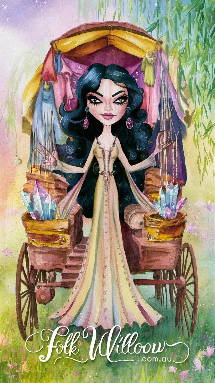 a pastel colour watercolour painting , the words - Folk Willow.com.au at bottom of painting , a dark haired woman with eyeliner & mascara selling crystals & incense & long dresses  in a gypsy wagon