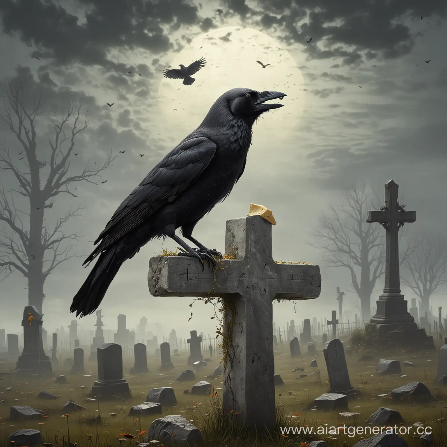 кладбище, ворона с куском сыра в клюве сидит на кресте, лиса снизу смотрит на ворону