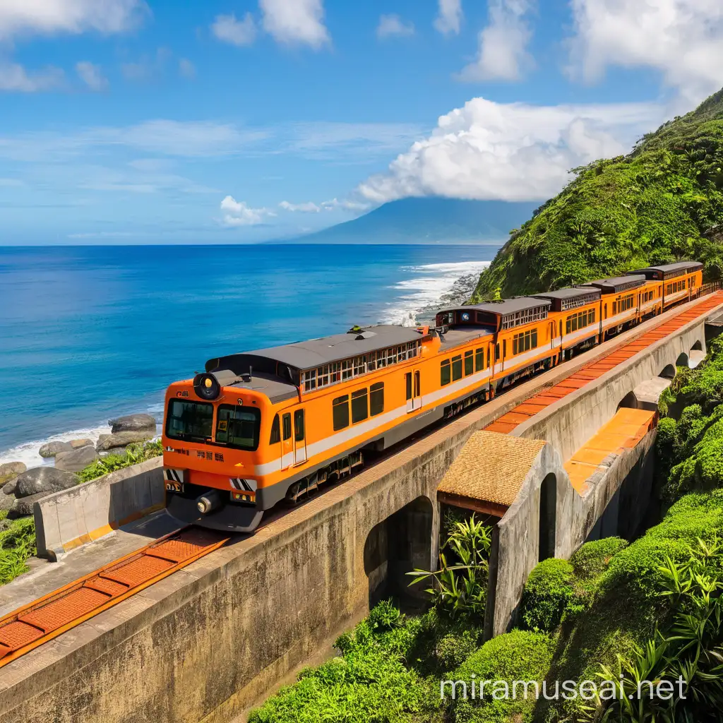 Orange Train Traveling Along Taitung Coastline