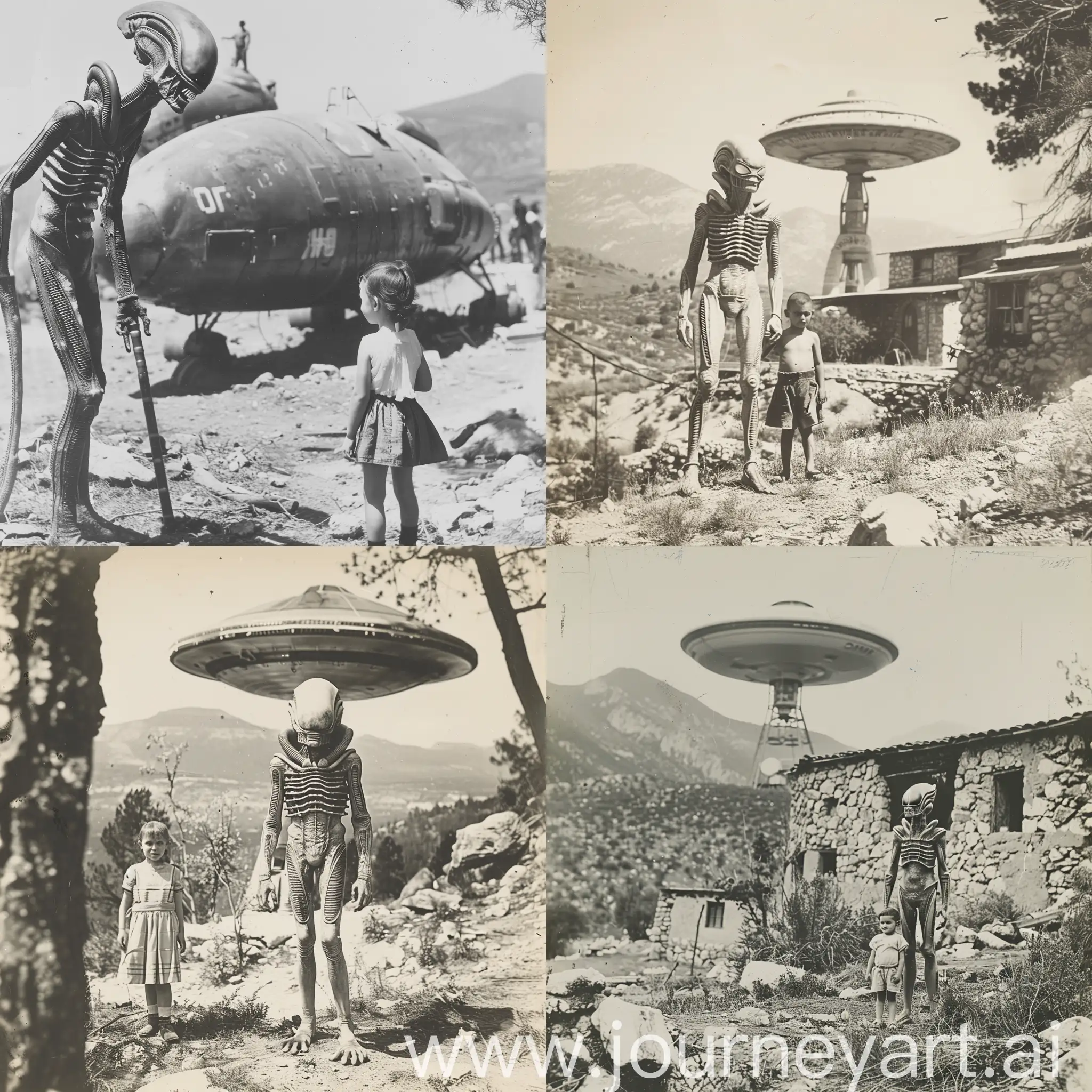 An old black and white photo taken in 1930 of an alien creature standing with a child, a spaceship behind them, with real details, as if it were a realistic, non-fictional photo with real and clear features highly detailed --style raw --stylize 500