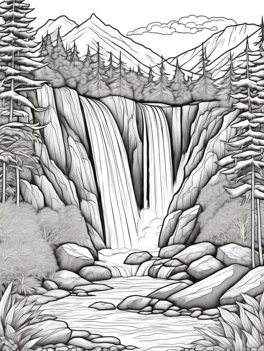 Create beautiful scenes in black and white of waterfalls in the mountains for a coloring book