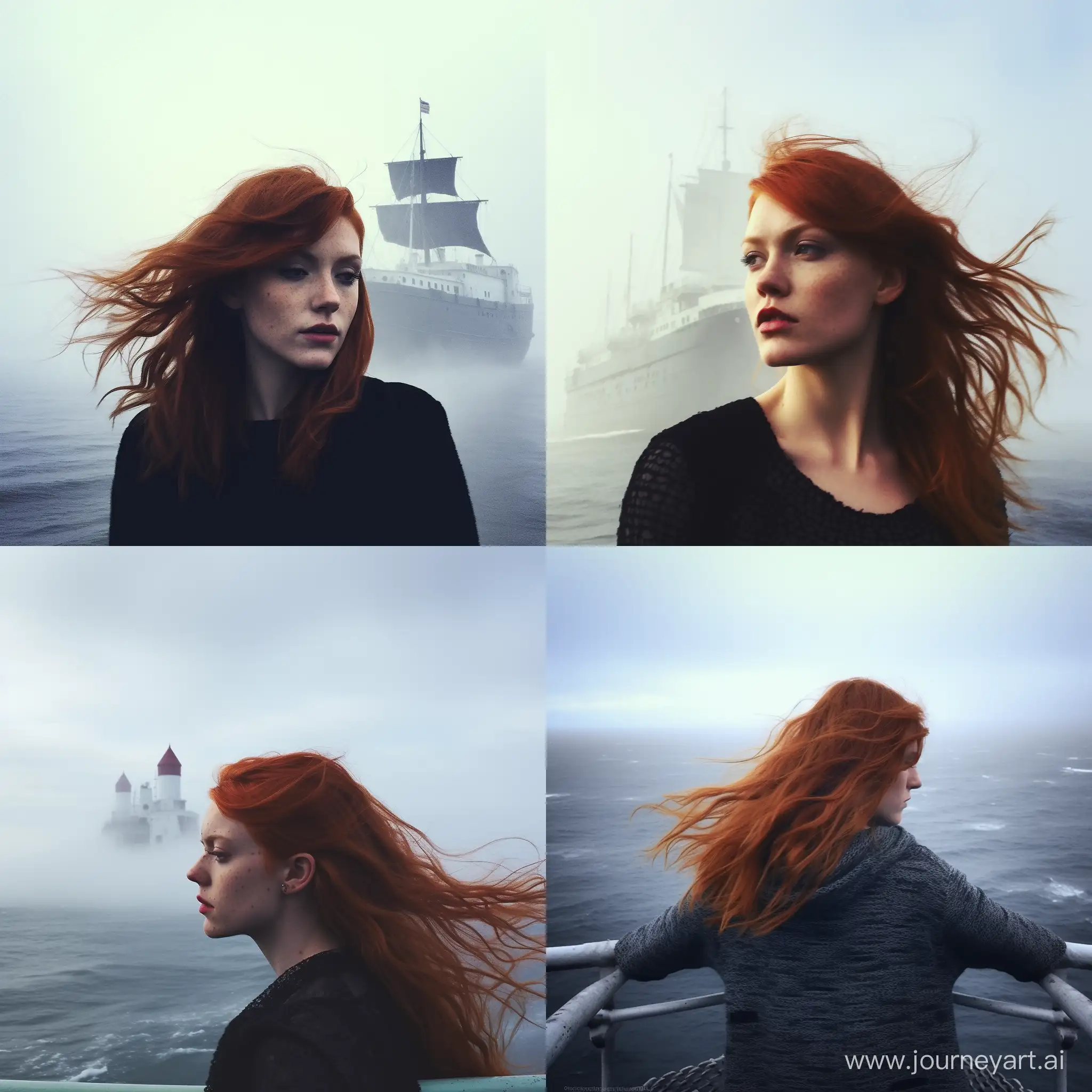 рыжая девушка на корабле, туман, холод, океан, айсберг, фото