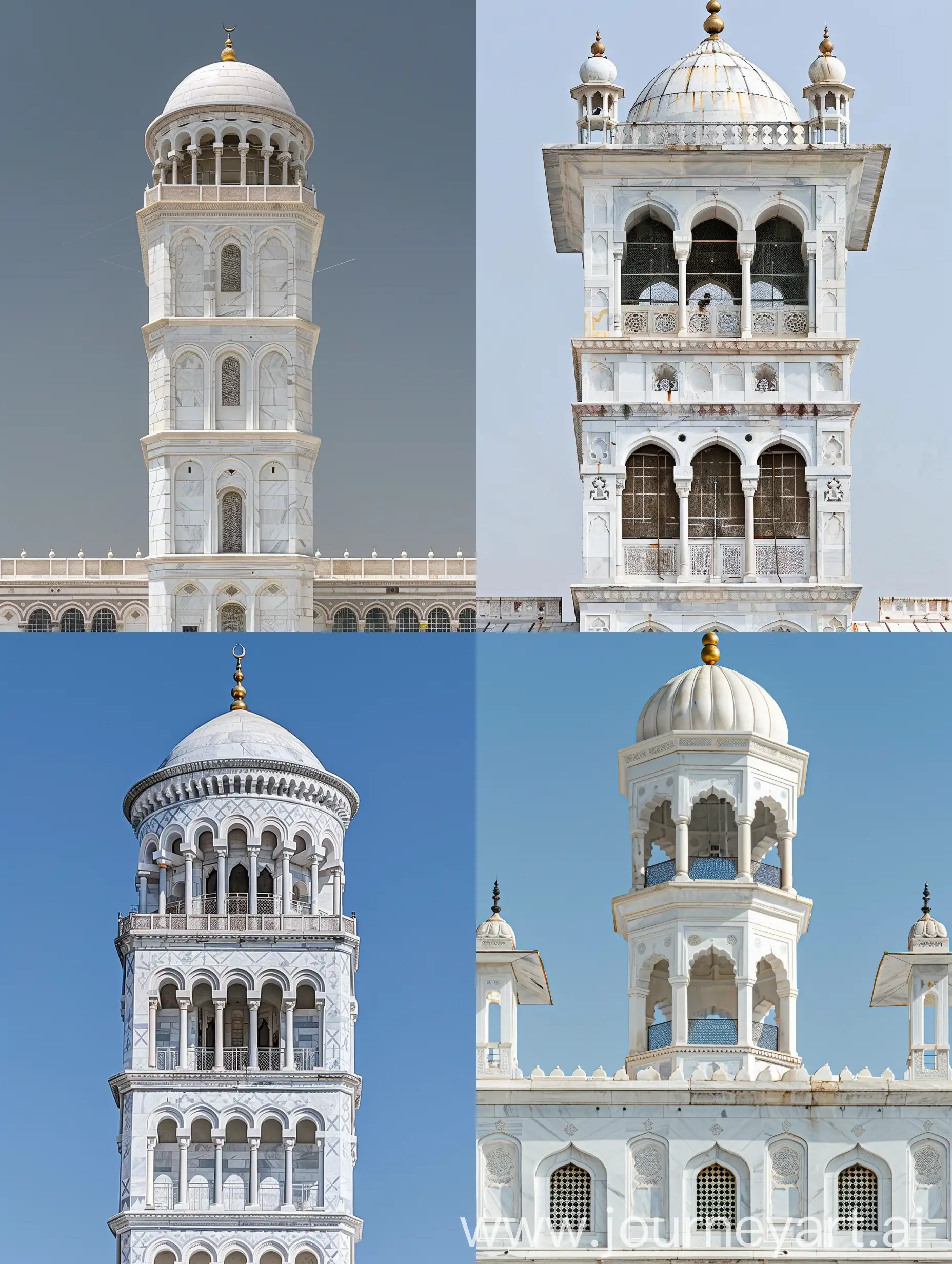 Mughal minaret influenced Leaning tower of Pisa, Mughal arches with mughal arched windows, Gurudwara dome at the top, White marbled, full view