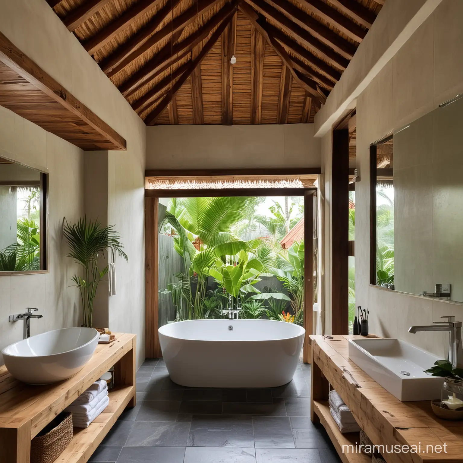 Bathroom in Bali, wood roof, tile floor, bath, wood vanity, shower.