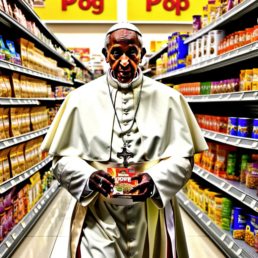 dark skinned pope dressed in all white in the dog food aisle