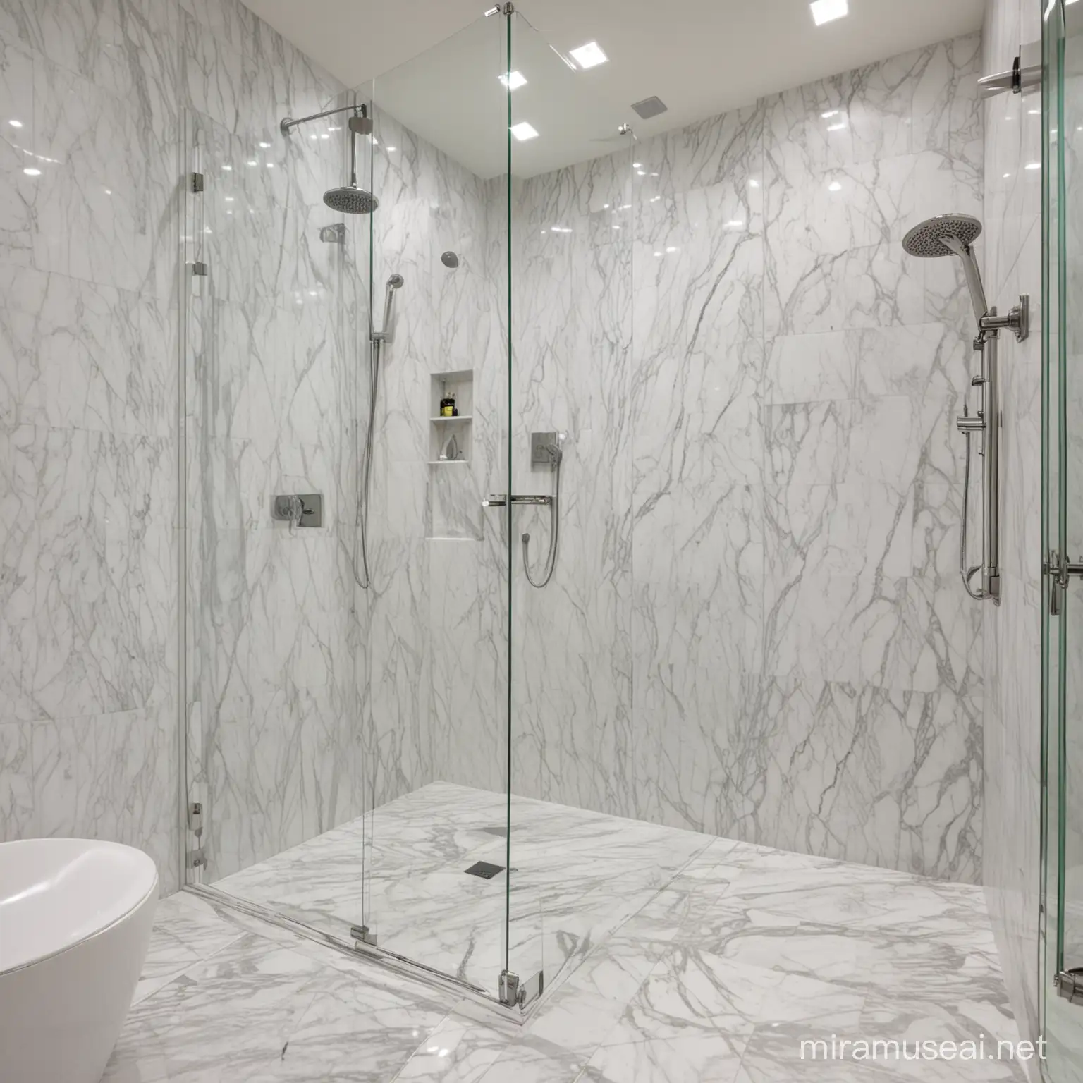 Luxurious Carrara Marble Shower Wall with Continuous Veining