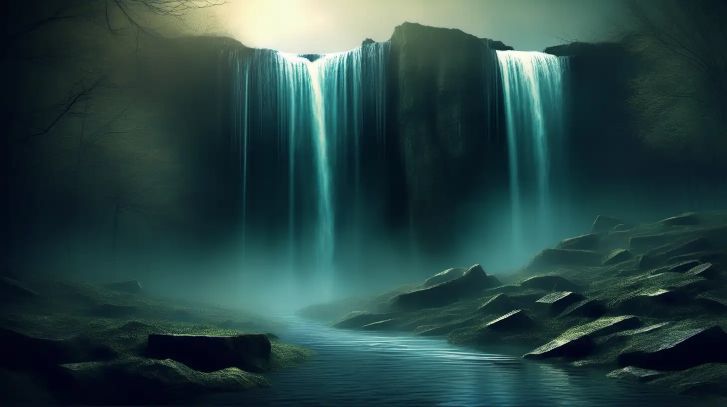 Mysterious Dystopian Waterfall Surreal Realism in Ambient Setting