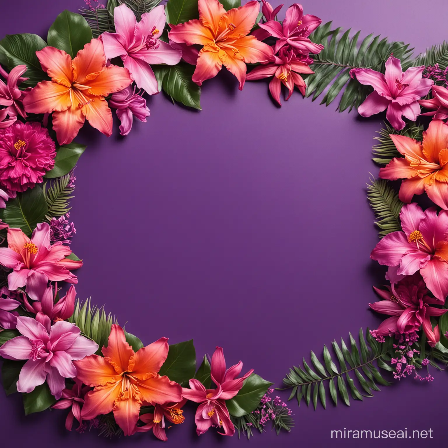 vibrant tropical spring flowers border on purple background
