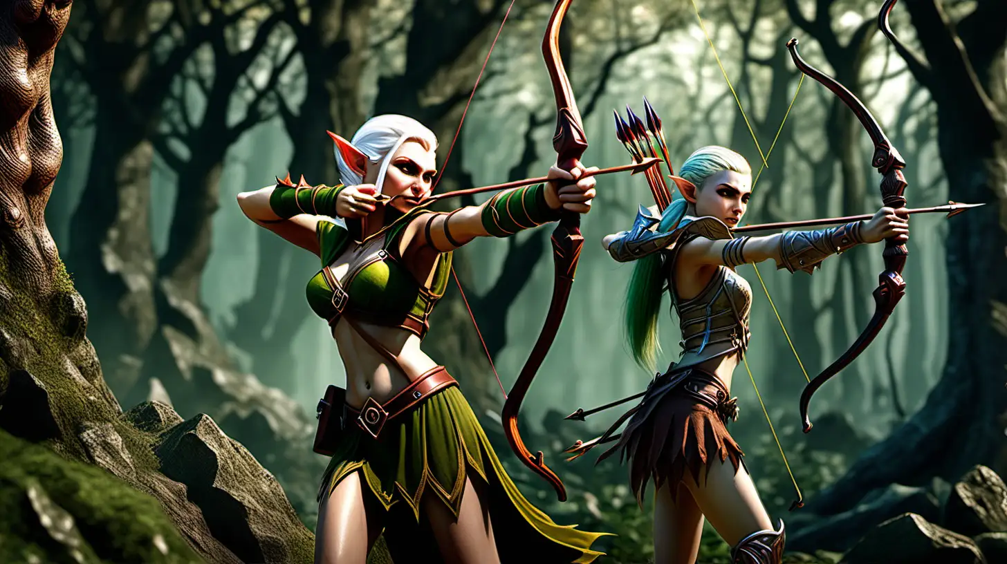 one muscular elf archer and one bulky female elf archer in an enchanted forest shooting at orcs with their bow and arrow