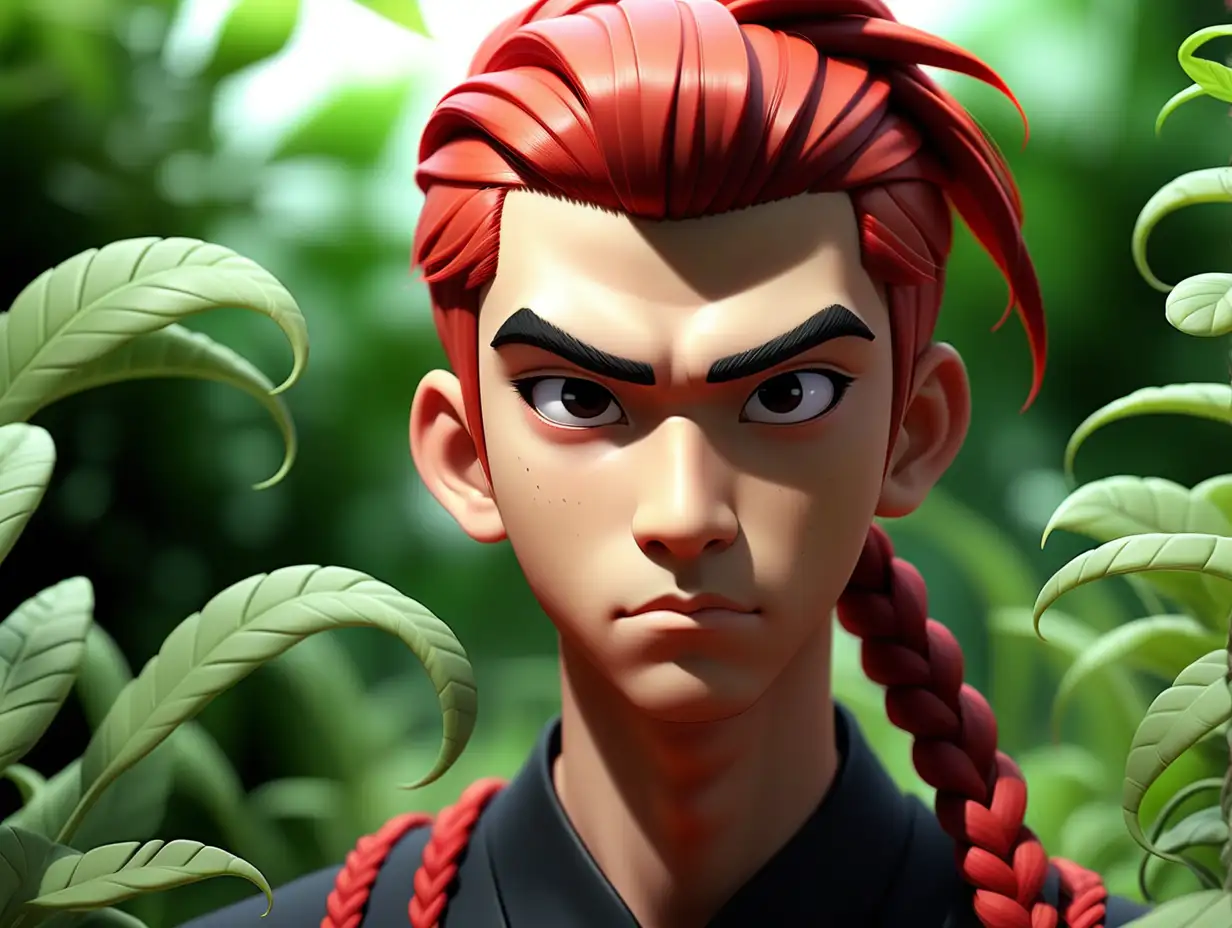 3D, anime, 18 year old,Asian male, red hair, one red braid hair, thick black eyebrows, depth of field, plants, 