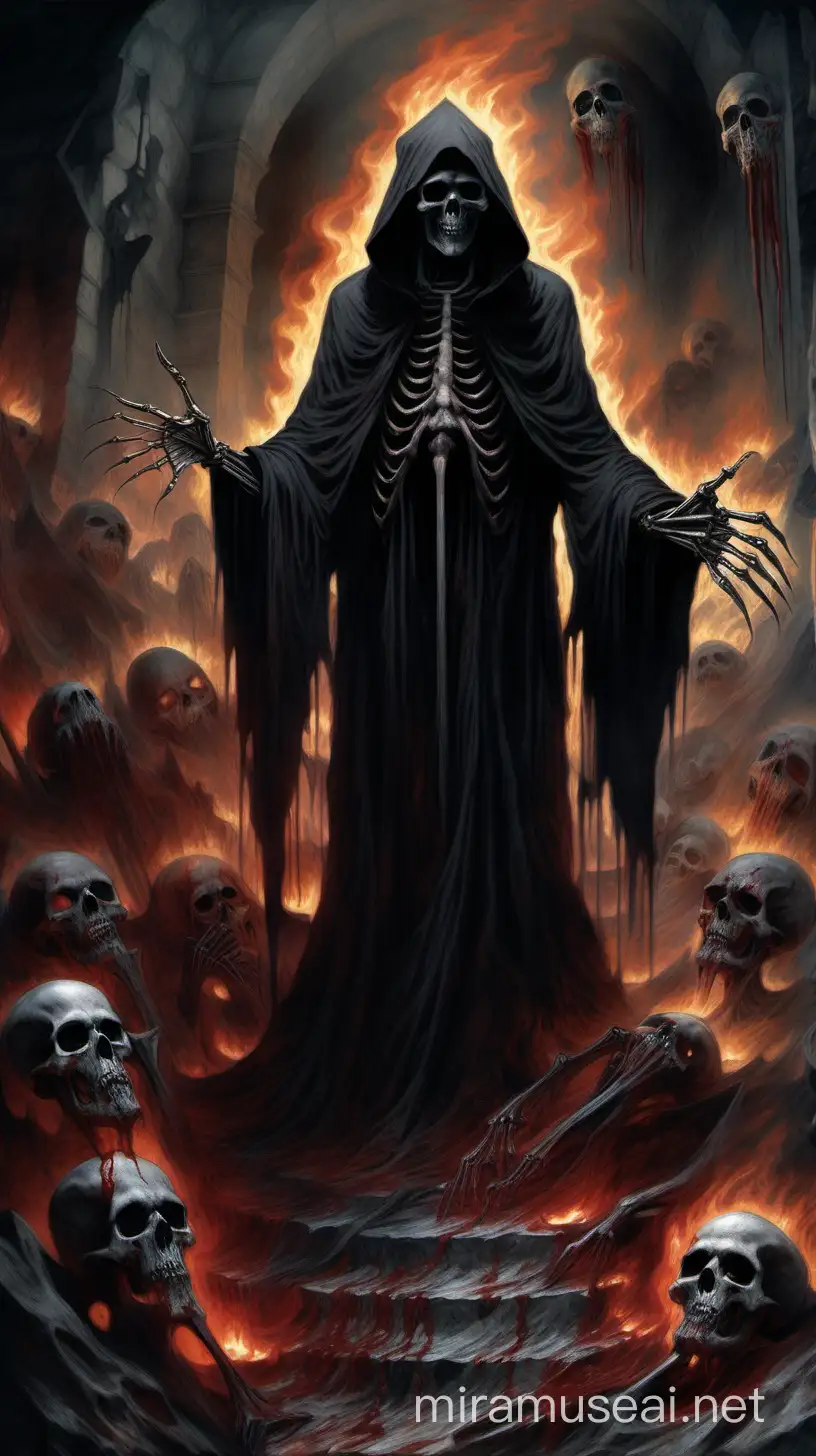 The Grim Reaper, with skeletal hands clasped on a throne adorned with smoky shadows, overlooks a cavern of eternal flames. The tattered black robes billow ominously as skulls and blood surround the hooded figure, creating a macabre scene of darkness and despair in the depths of hell.