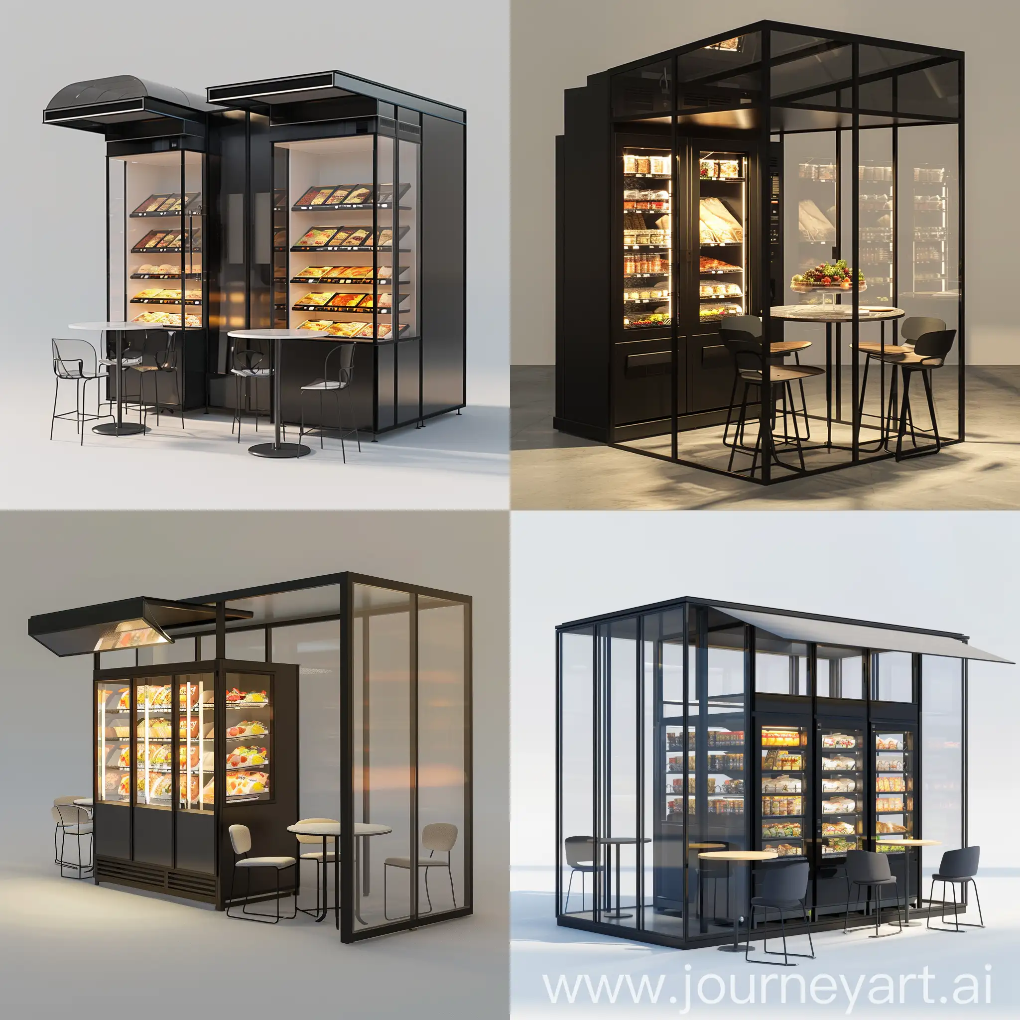 design me a frozen food vending machine in a rectangular shape of 8x4x3meters with a little canopy, side panels and just two round tables with two chairs each with an unique modern architectural style in black glass and plays of light
