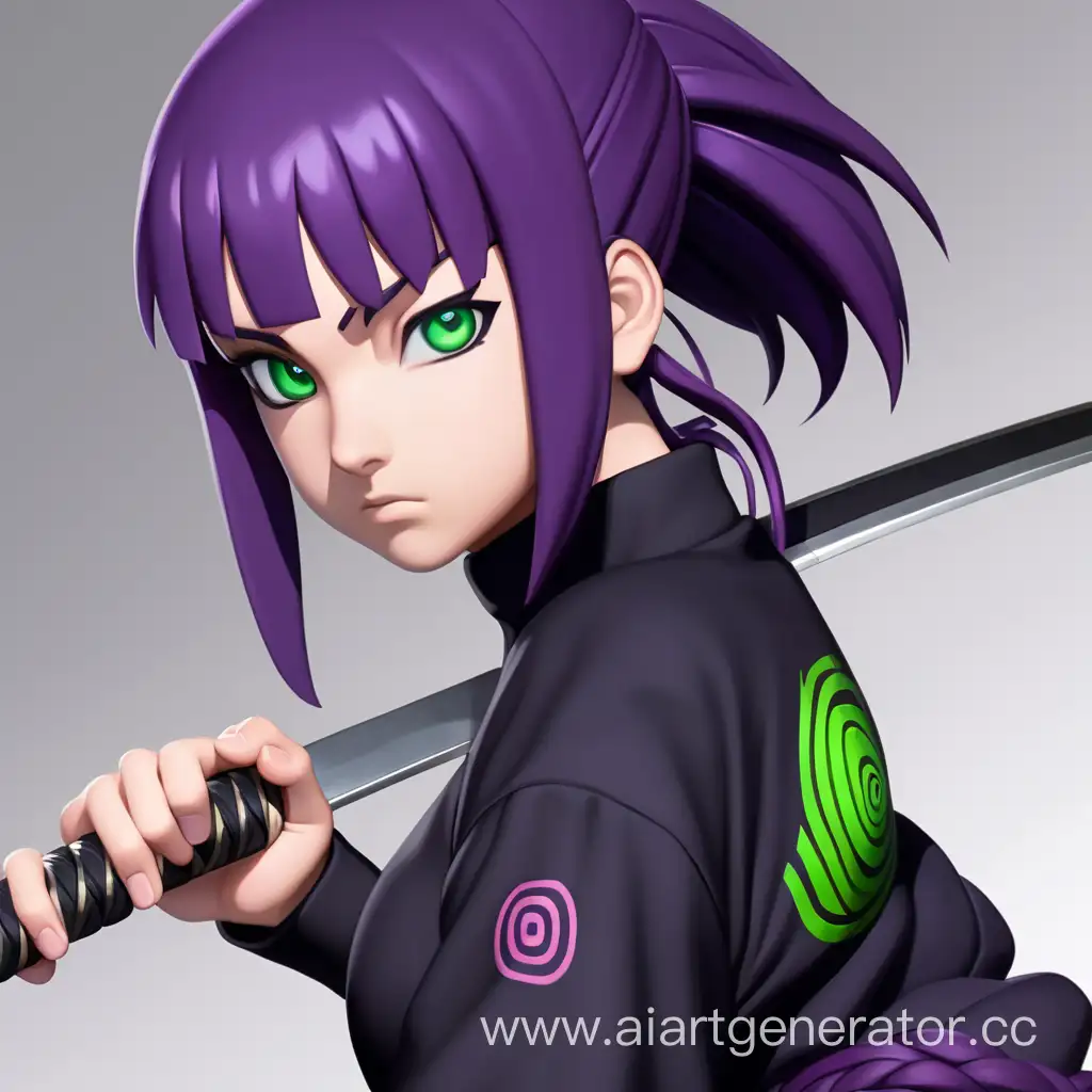 Naruto, Young woman, perfect figure, green eyes, purple hair, cute face, black ninja clothes, katana